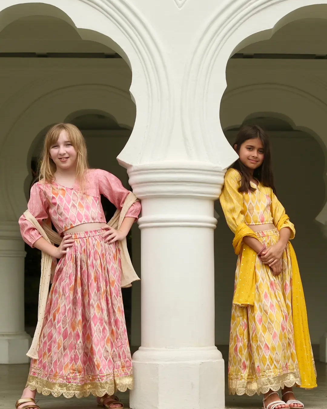 Rooh Pink Girls Lehenga Choli Set with Dupatta in Muslin Cotton Nimbu