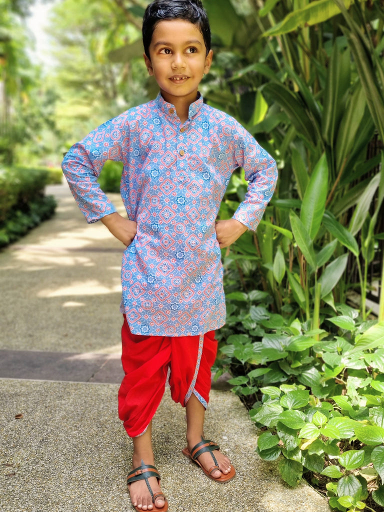 'Fida' Peranakan Inspired Boys Kurta Dhoti in Blue & Red Nimbu Kids Singapore