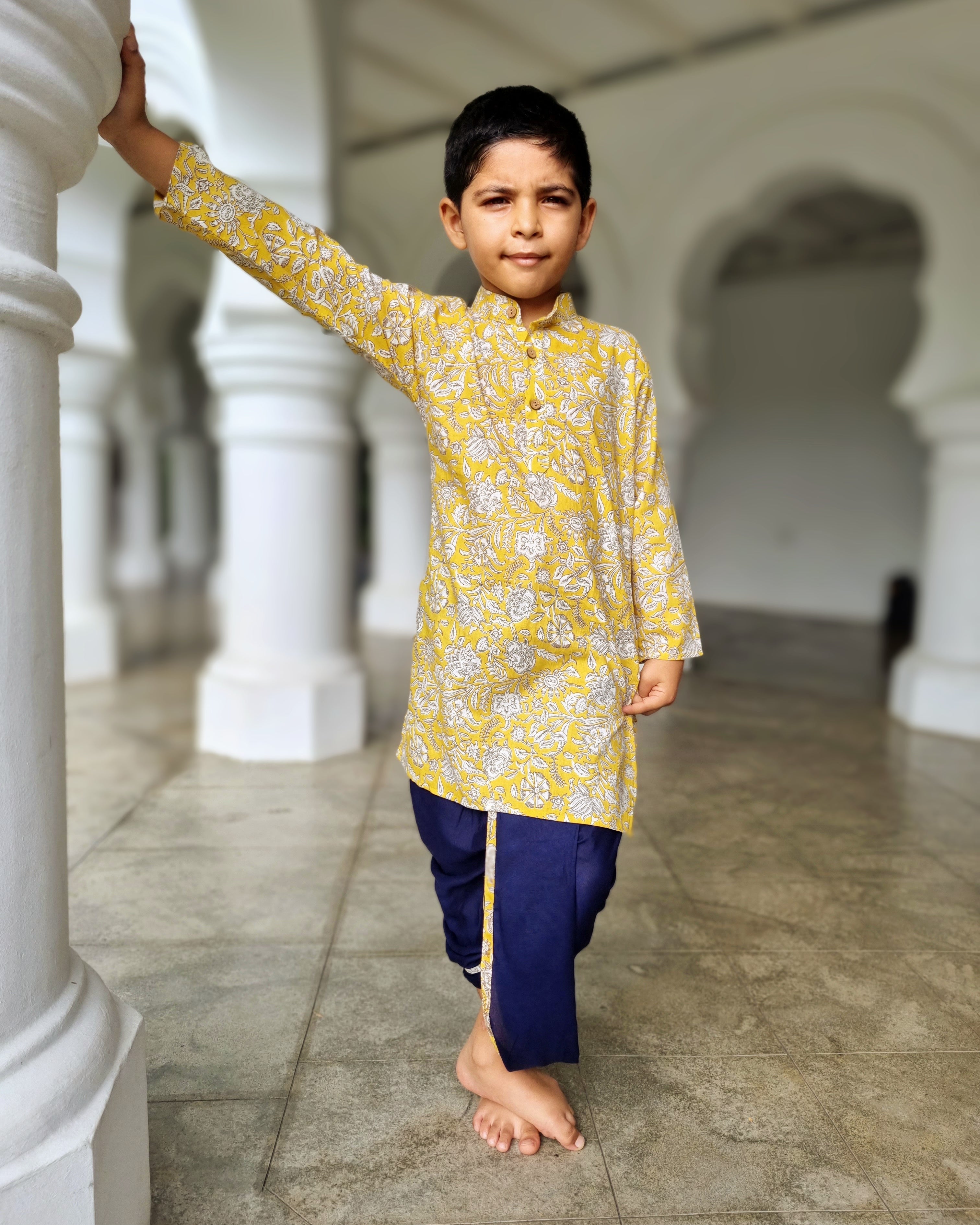 Mustard Floral Boys Kurta Dhoti in Yellow & Blue Nimbu Singapore