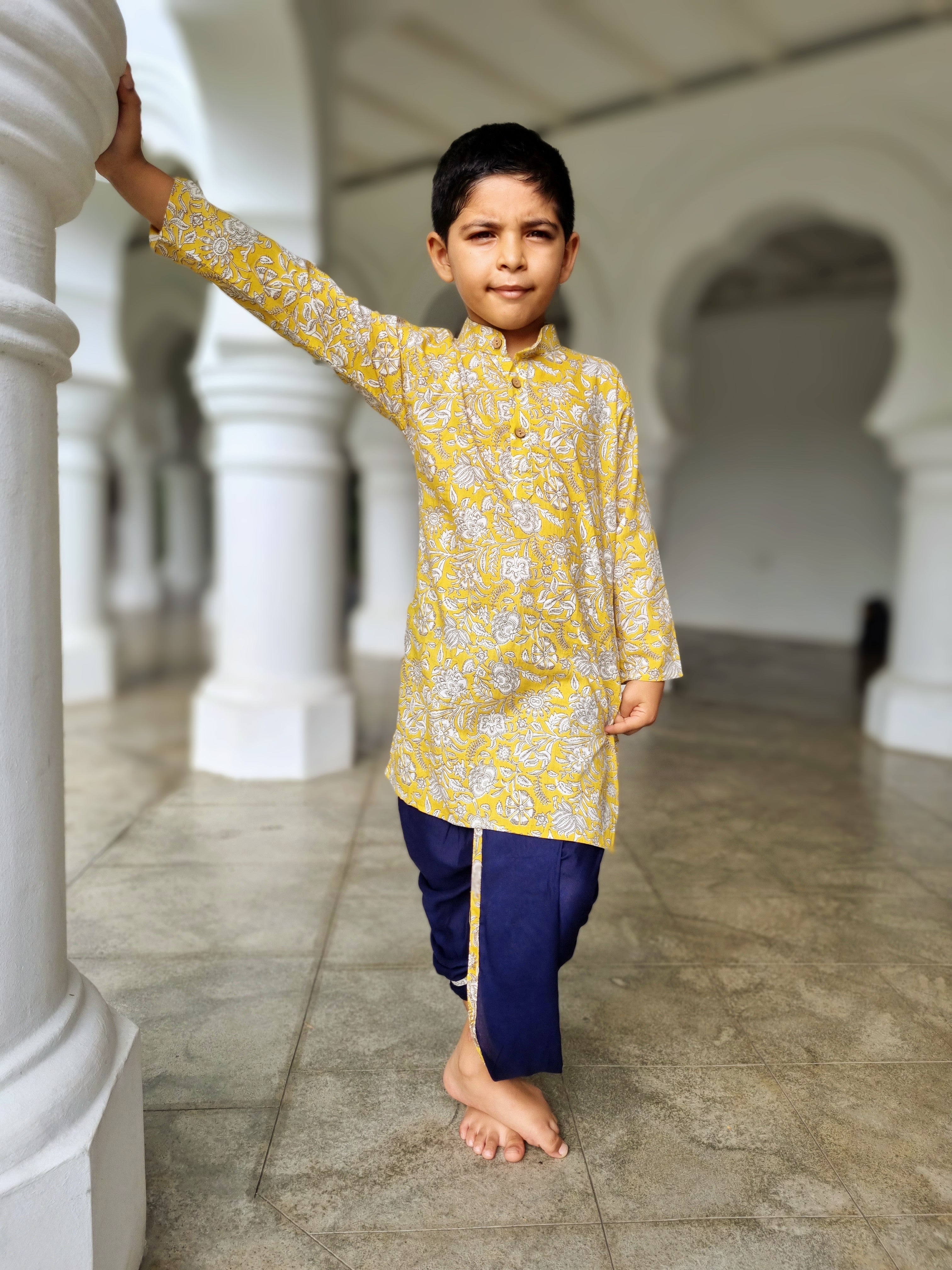 Mustard Floral Boys Kurta Dhoti in Yellow & Blue Nimbu Singapore