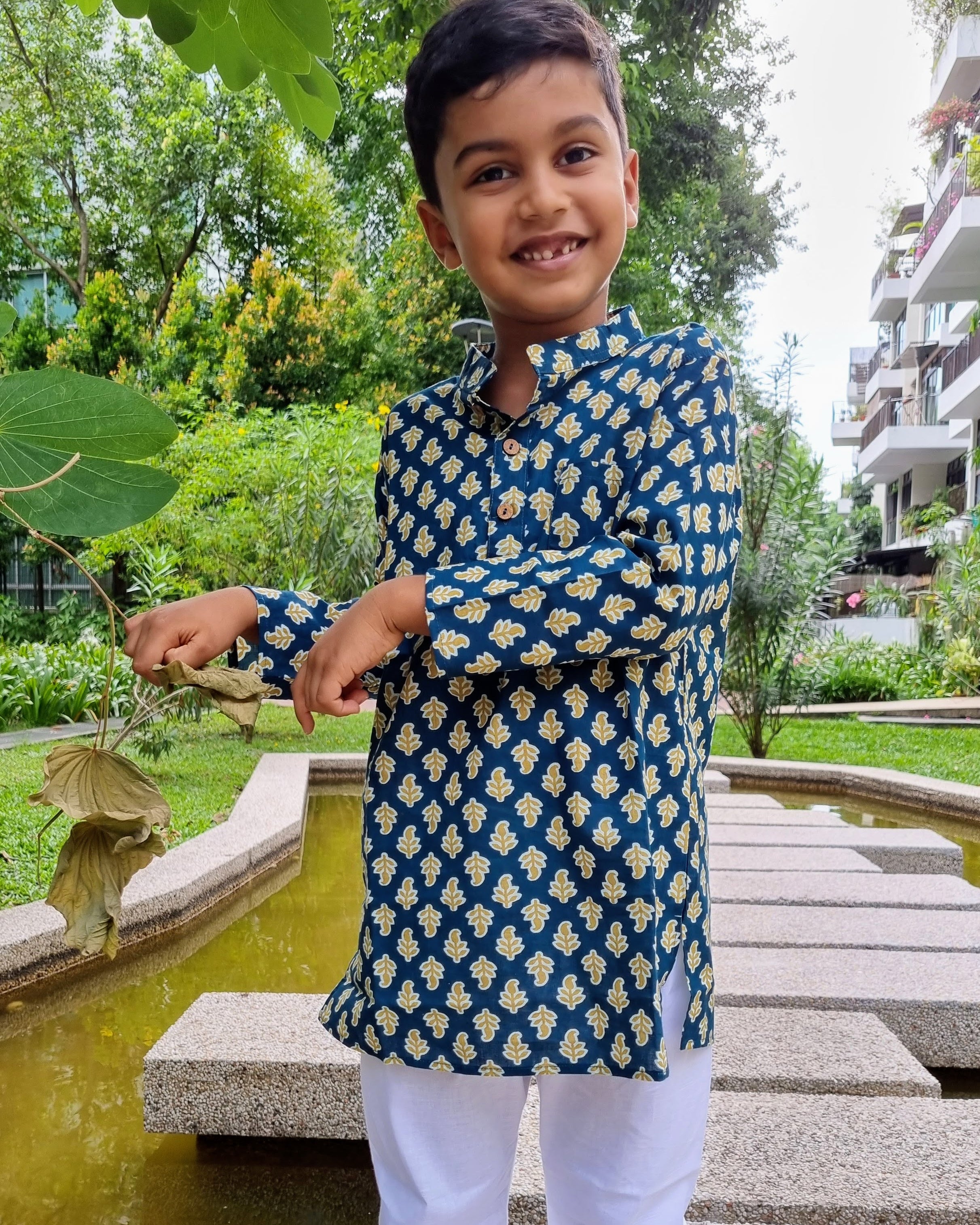Midnight blue and yellow kurta pajama for noys by Nimbu Singapore