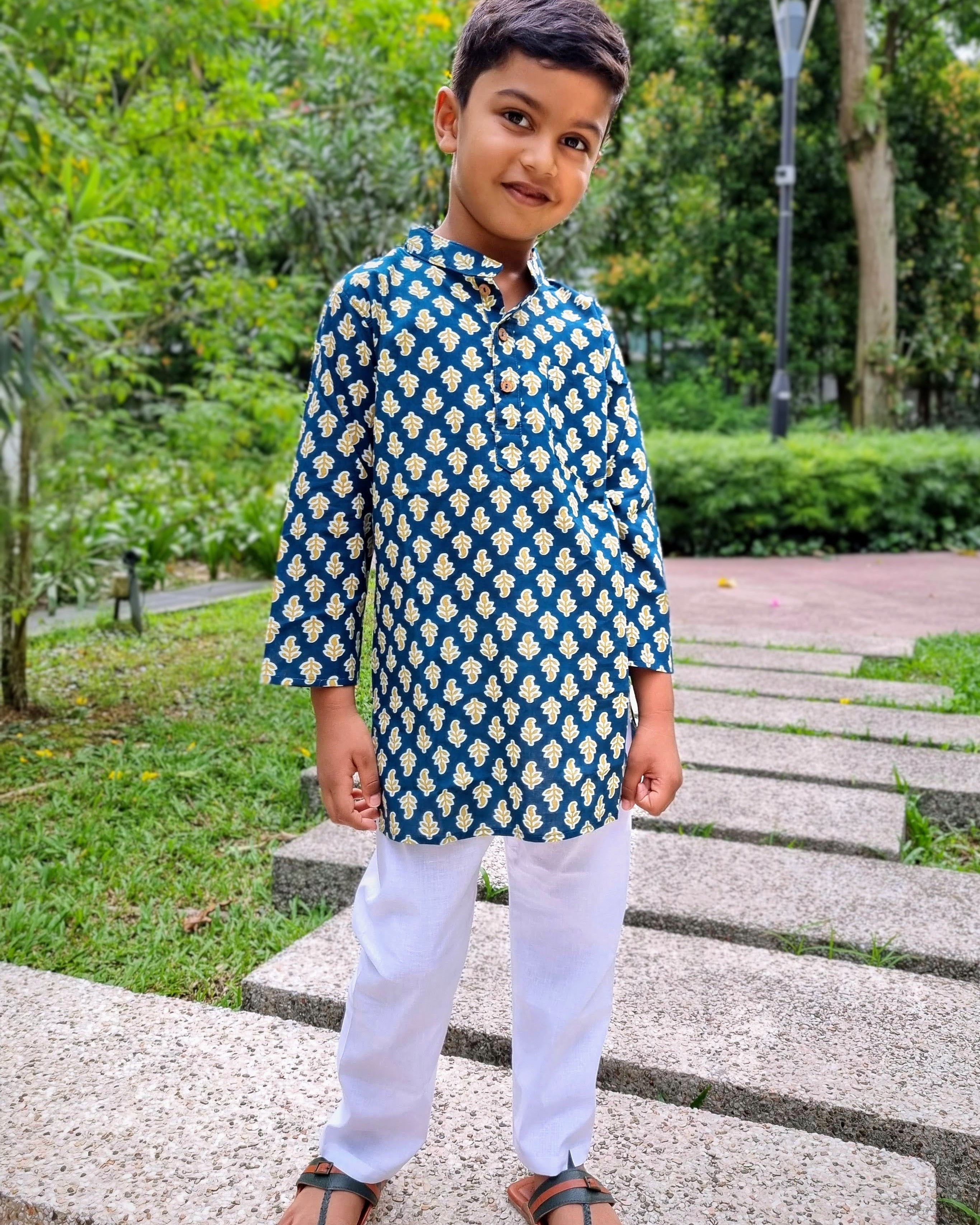 Midnight blue and yellow kurta pajama for noys by Nimbu Singapore