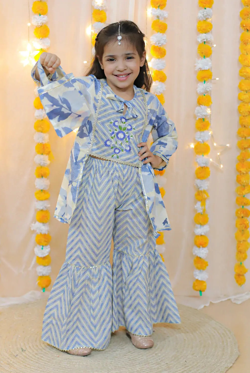 Splash Sharara Set With Potli Bag in Blue Nimbu