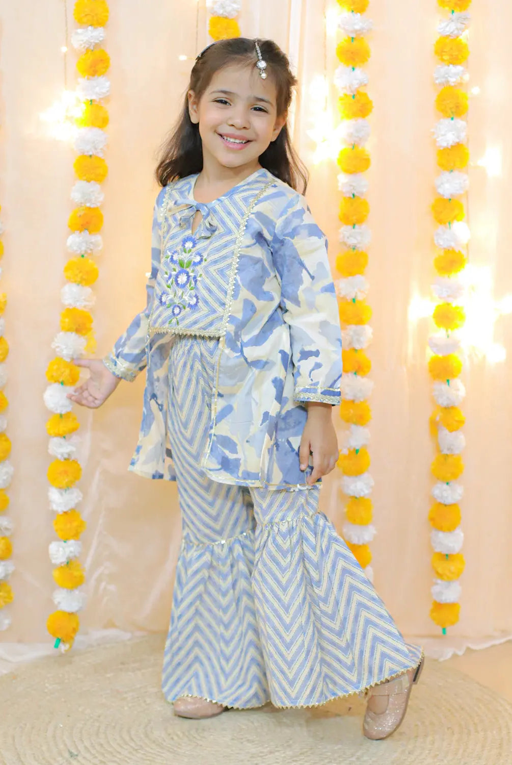 Splash Sharara Set With Potli Bag in Blue Nimbu