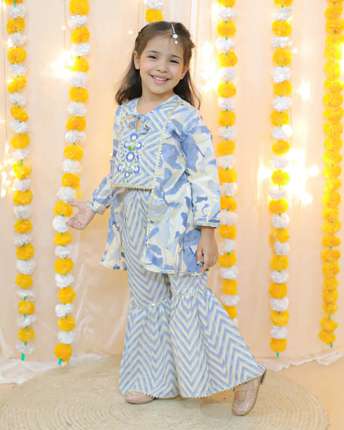 Splash Sharara Set With Potli Bag in Blue Nimbu