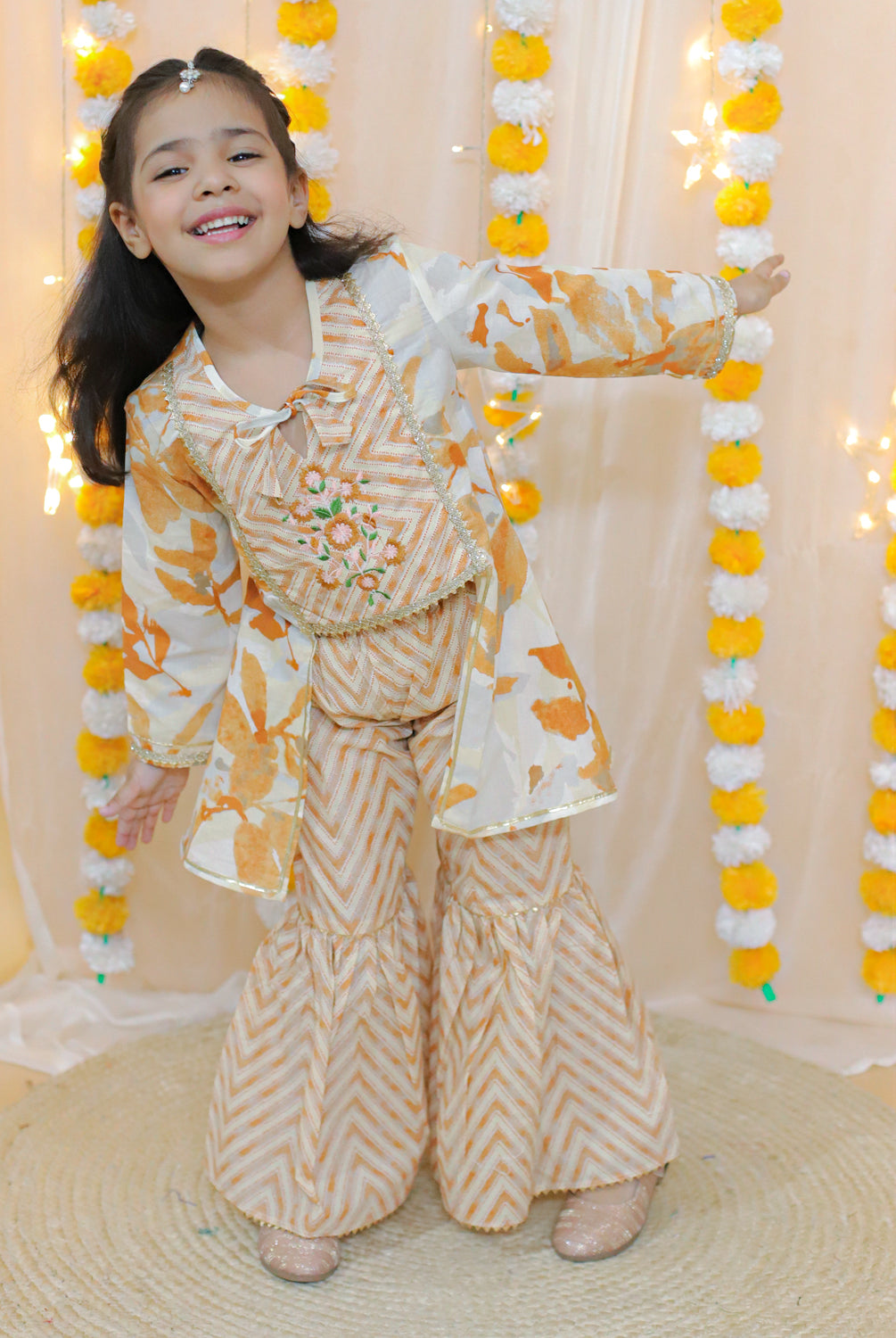 Splash Kurta Sharara set with Shrug in Orange