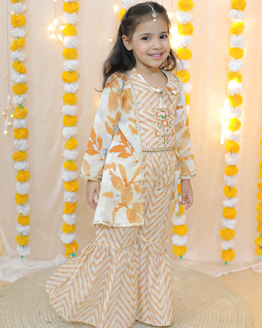 Splash Kurta Sharara set with Shrug in Orange
