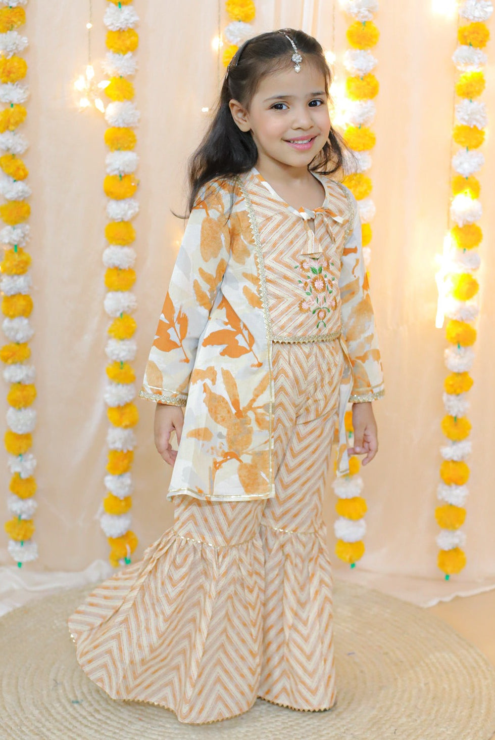 Splash Kurta Sharara set with Shrug in Orange
