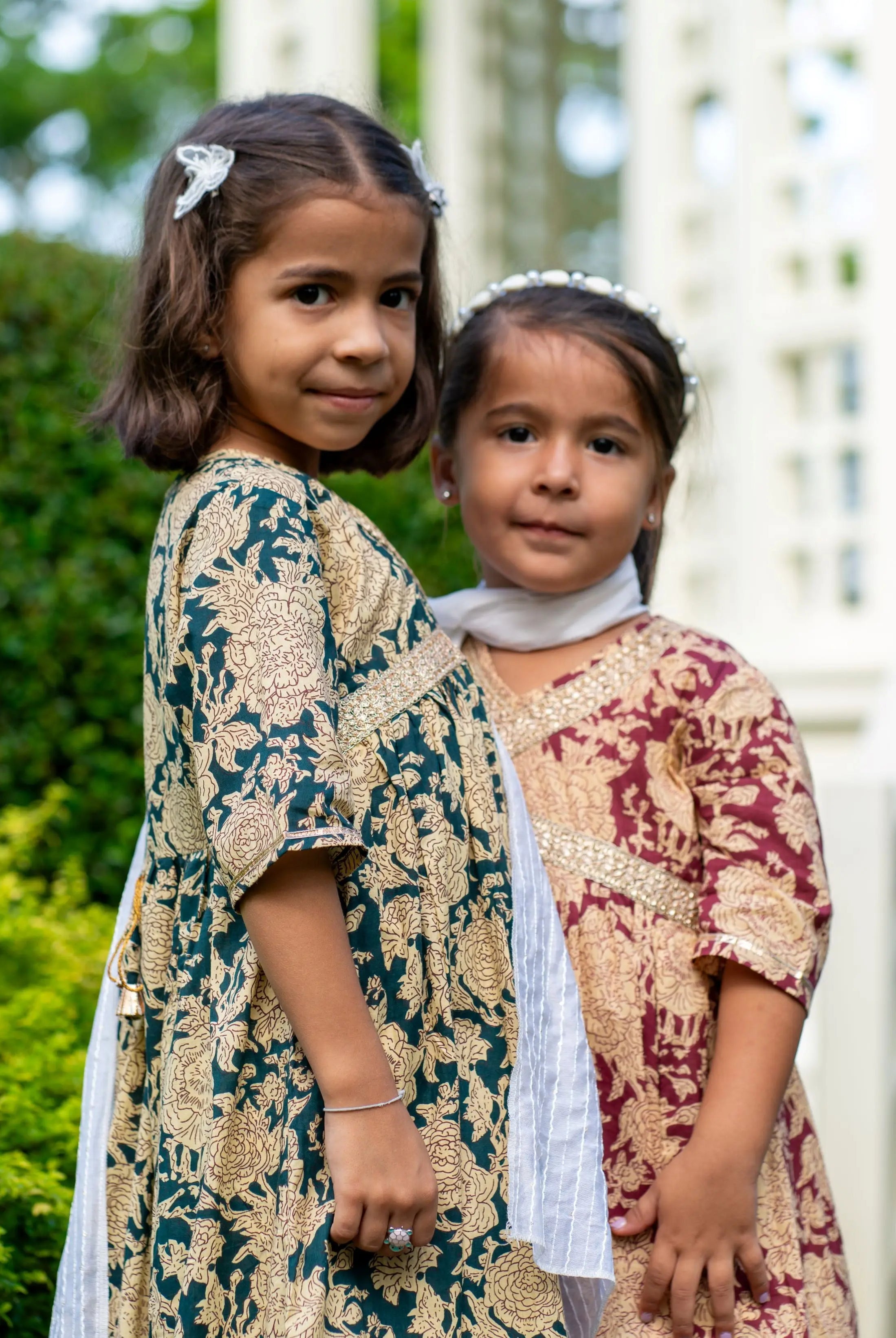 Aishara Anarkali Gown Dress in Cyan & Beige Block Print Nimbu Kids