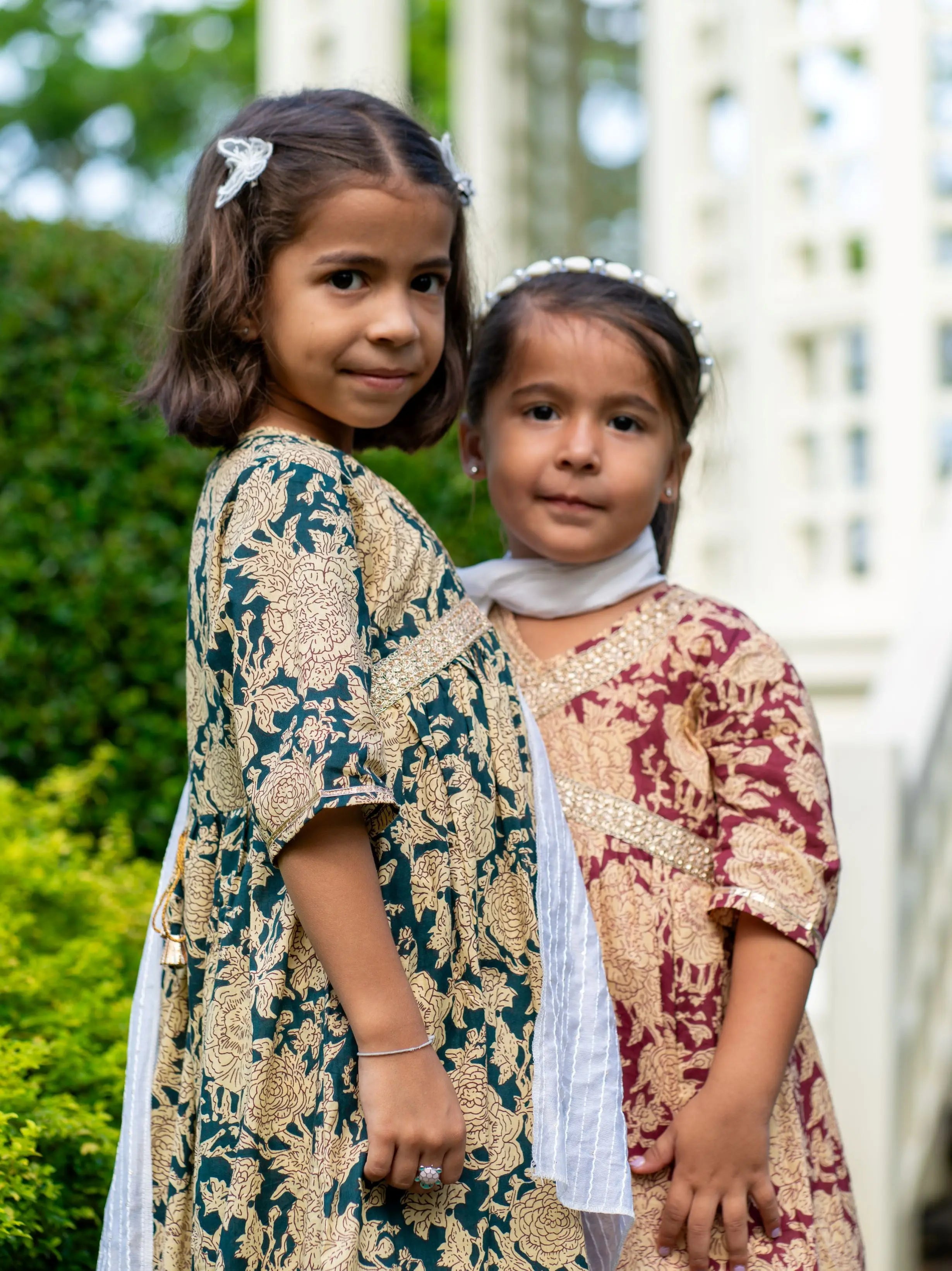 Aishara Anarkali Gown Dress in Cyan & Beige Block Print Nimbu Kids