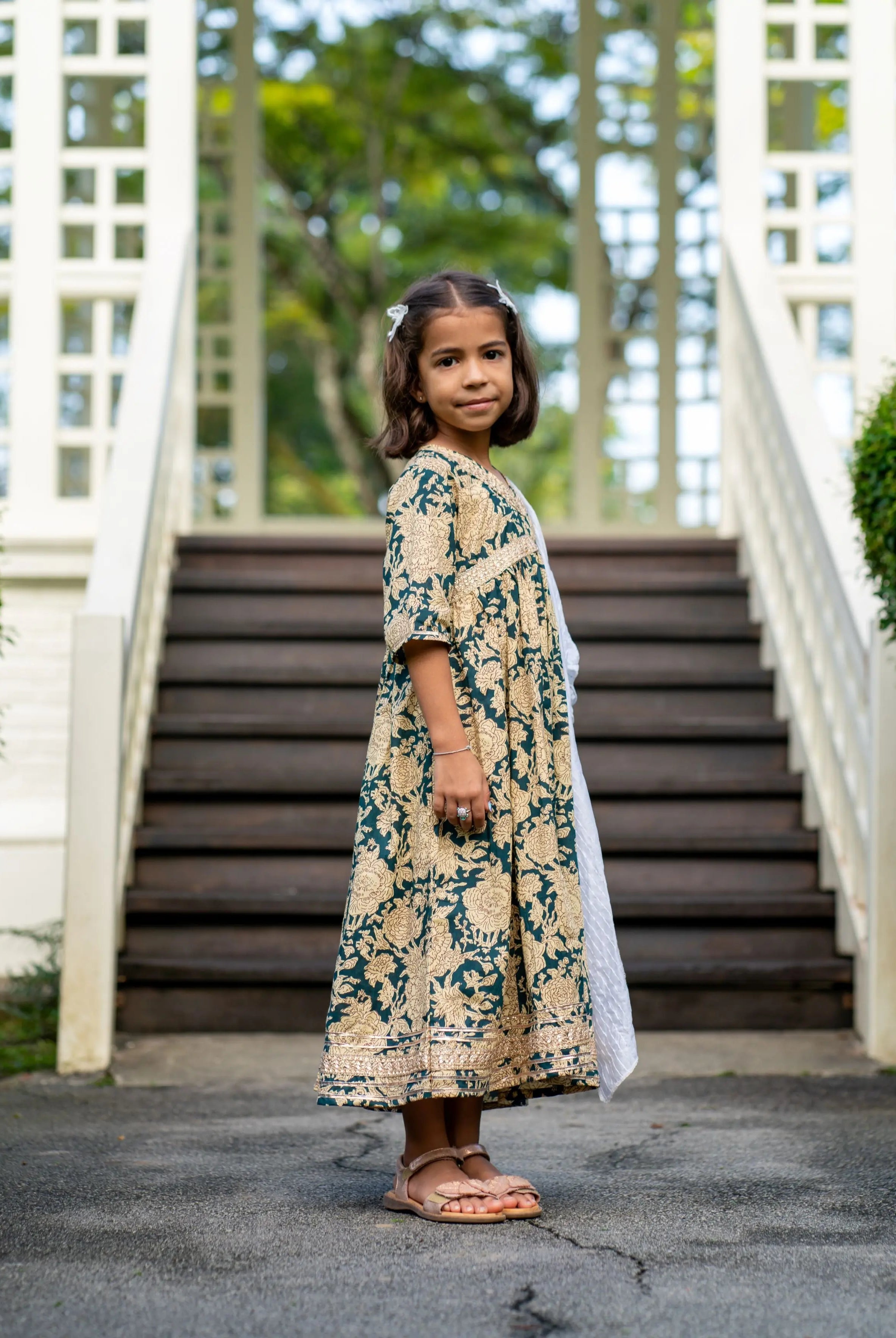 Aishara Anarkali Gown Dress in Cyan & Beige Block Print Nimbu Kids