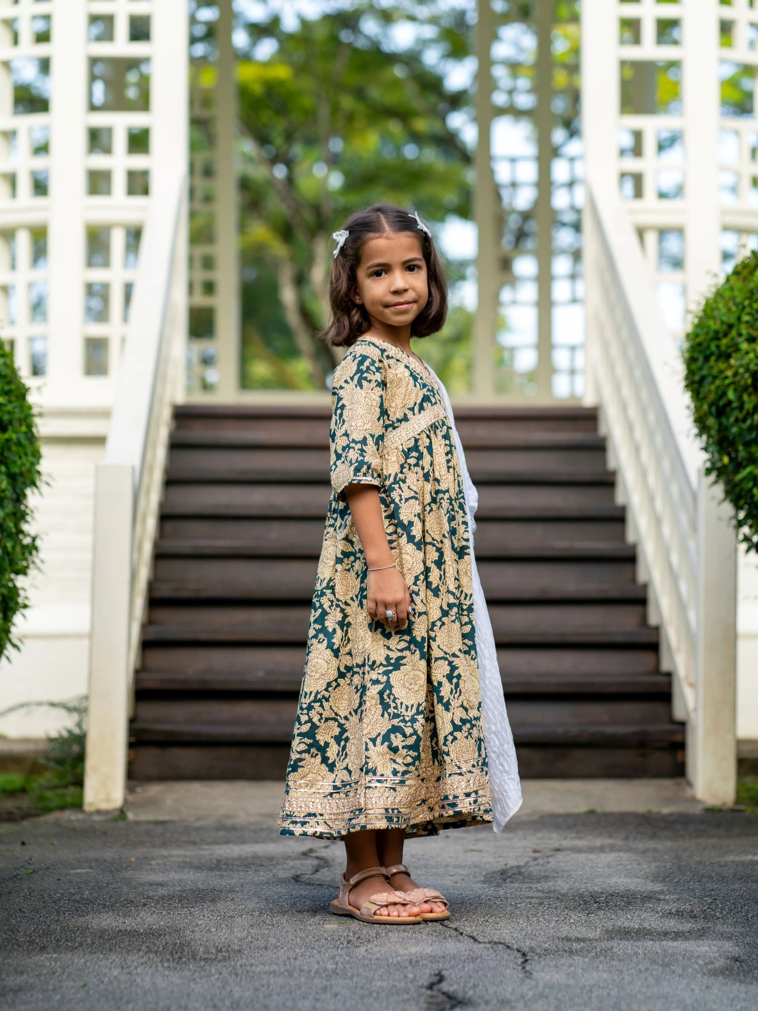 Aishara Anarkali Gown Dress in Cyan & Beige Block Print Nimbu Kids