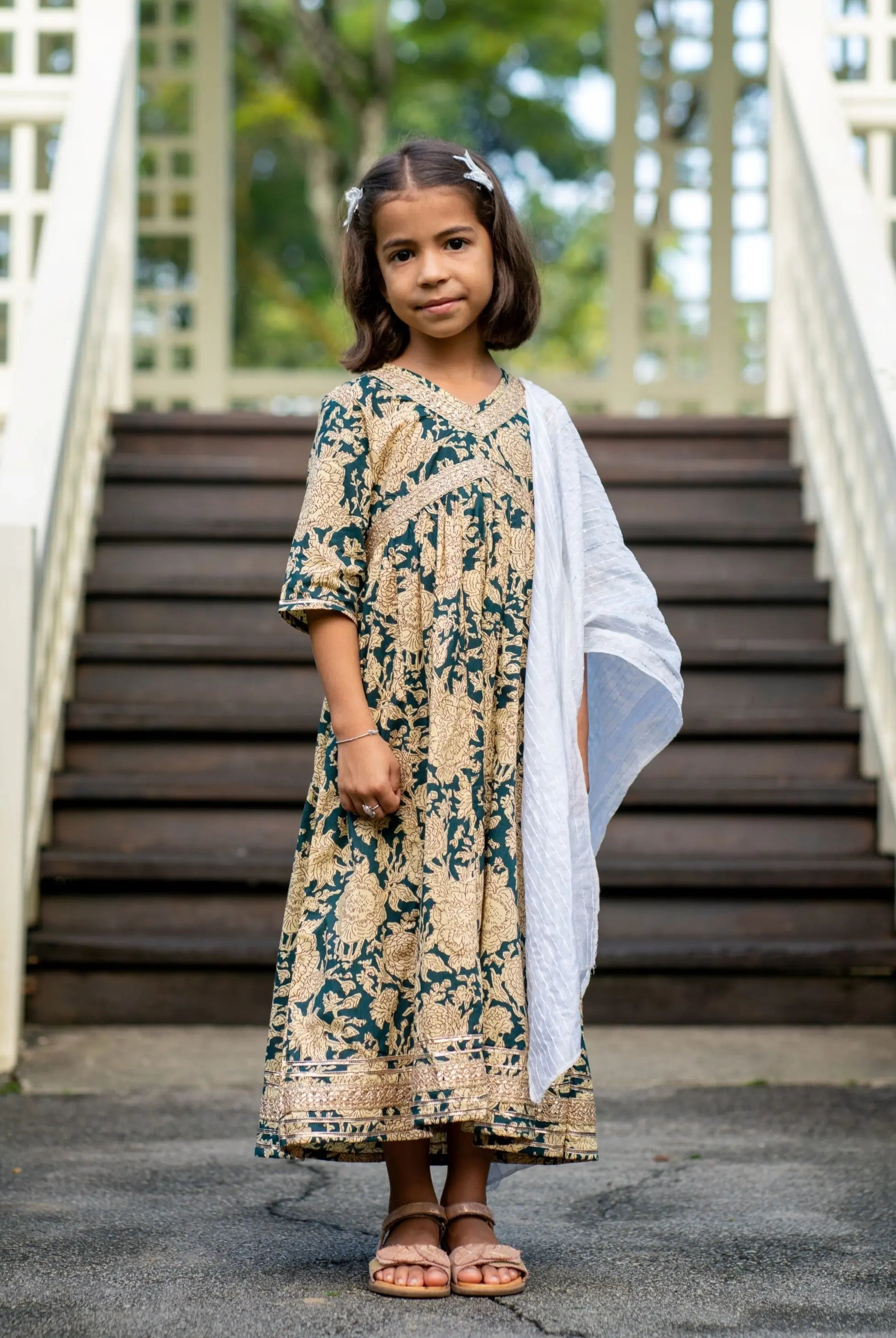 Aishara Anarkali Gown Dress in Cyan & Beige Block Print Nimbu Kids