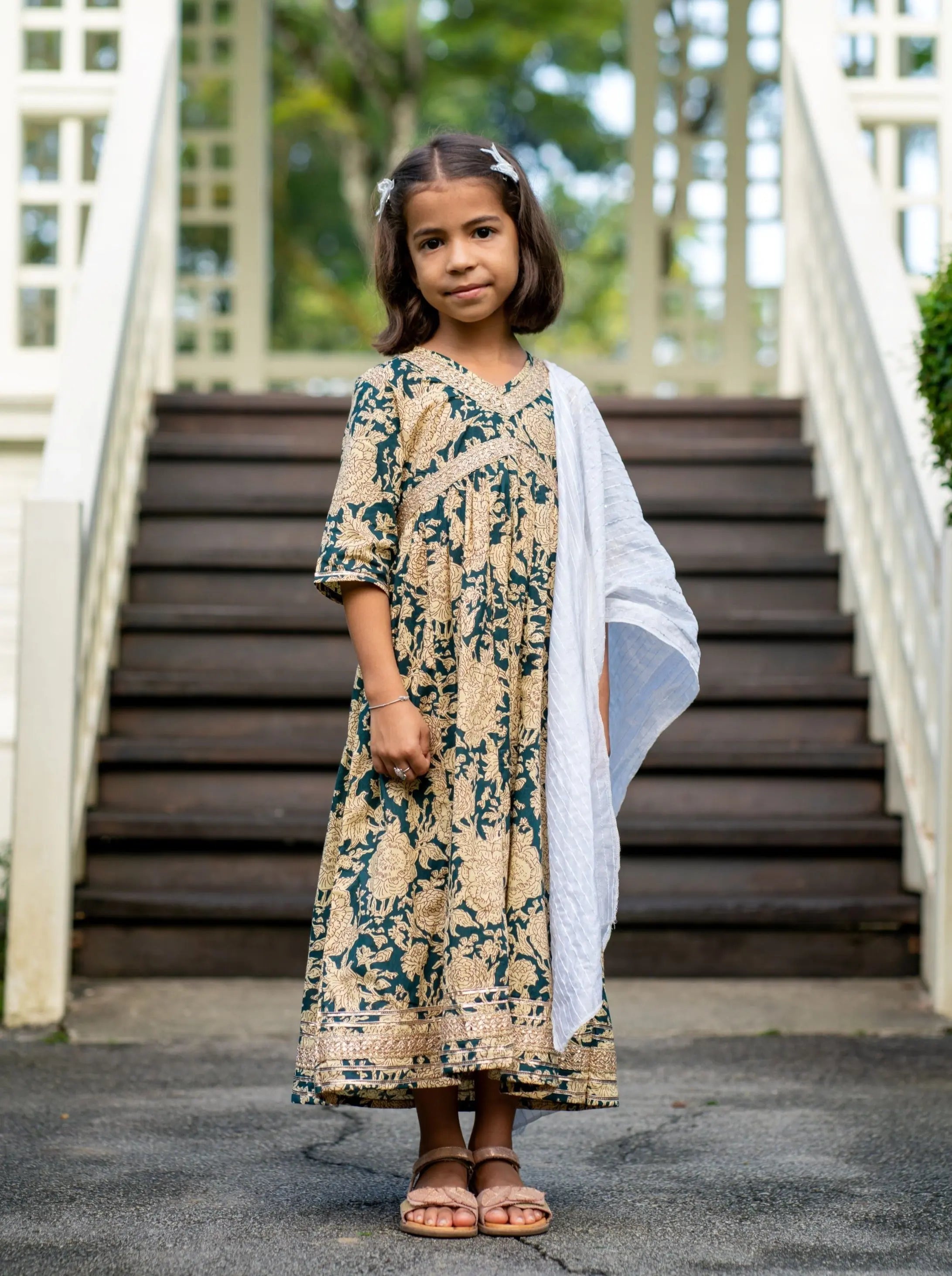 Aishara Anarkali Gown Dress in Cyan & Beige Block Print Nimbu Kids