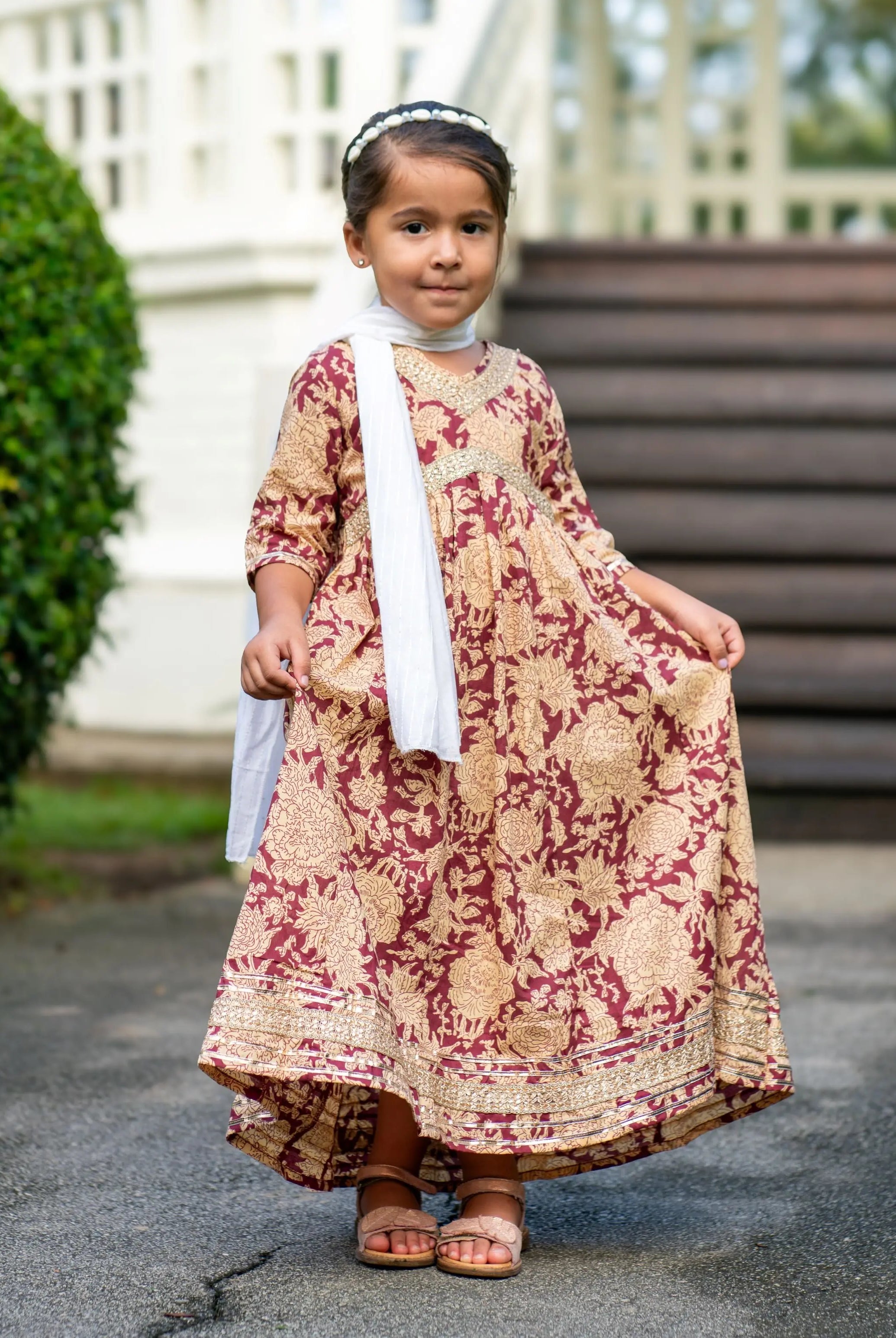 Aishara Anarkali Gown Dress in Maroon & Beige Block Print Nimbu Kids