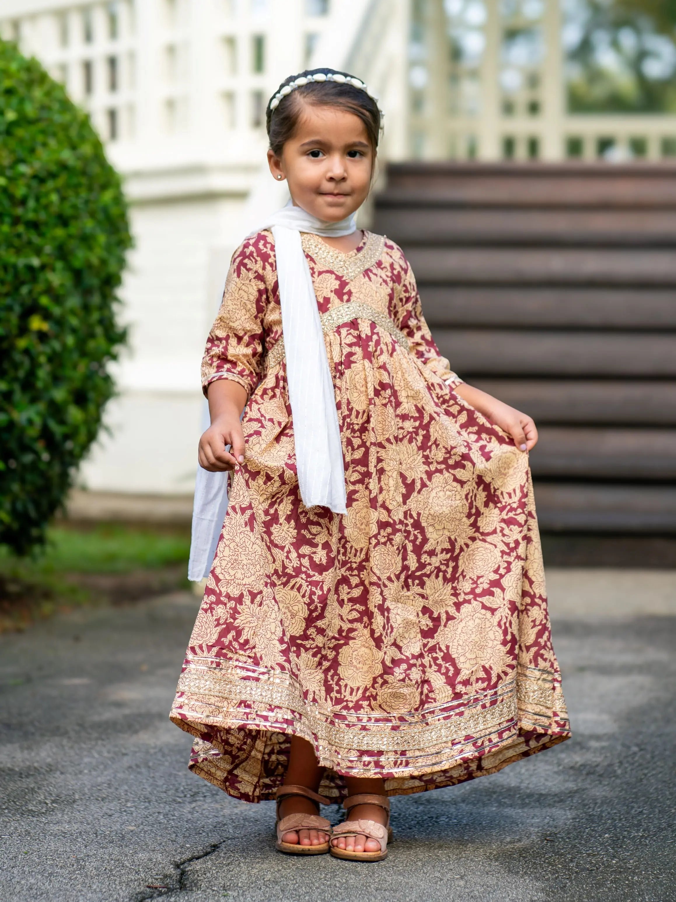Aishara Anarkali Gown Dress in Maroon & Beige Block Print Nimbu Kids