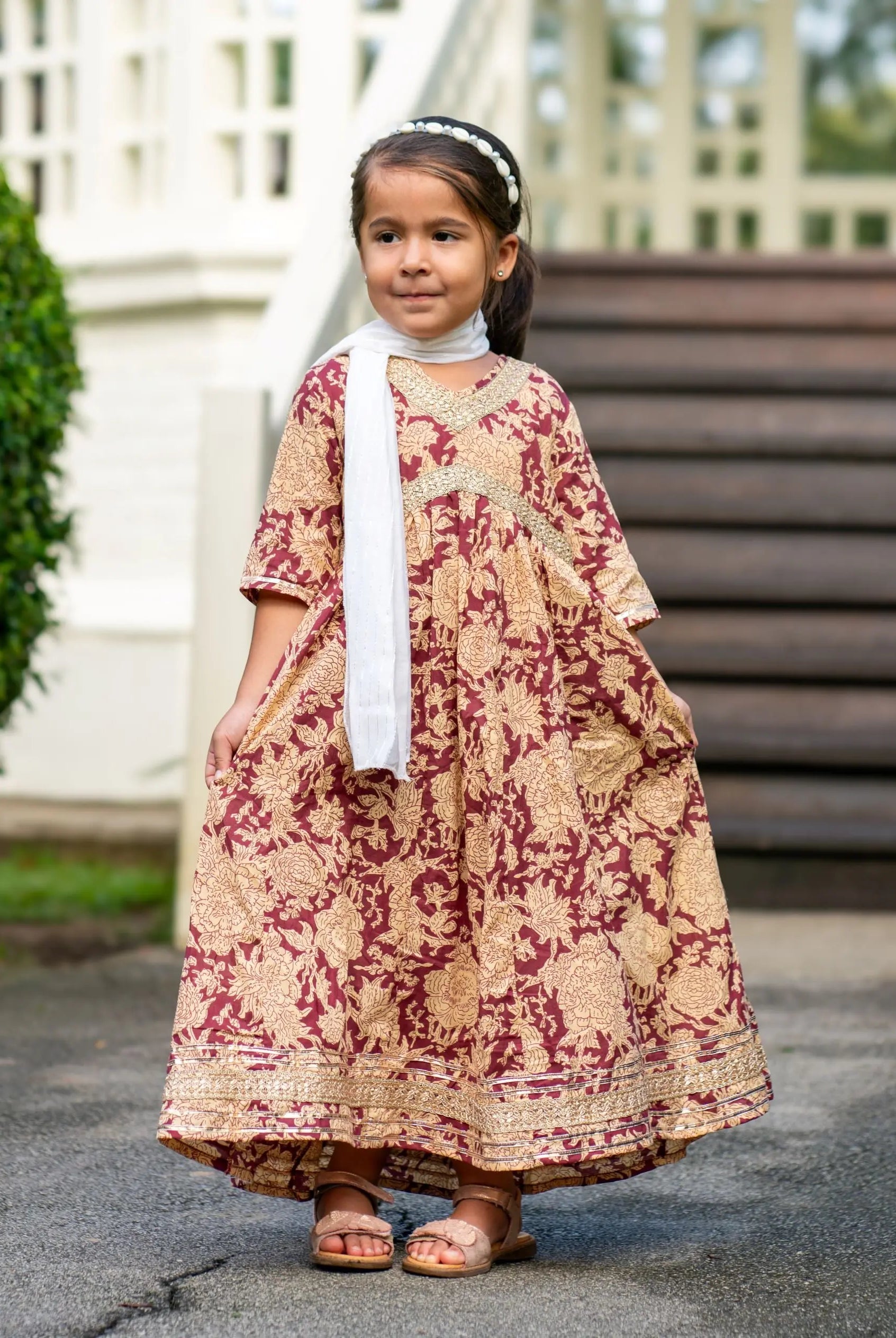 Aishara Anarkali Gown Dress in Maroon & Beige Block Print Nimbu Kids
