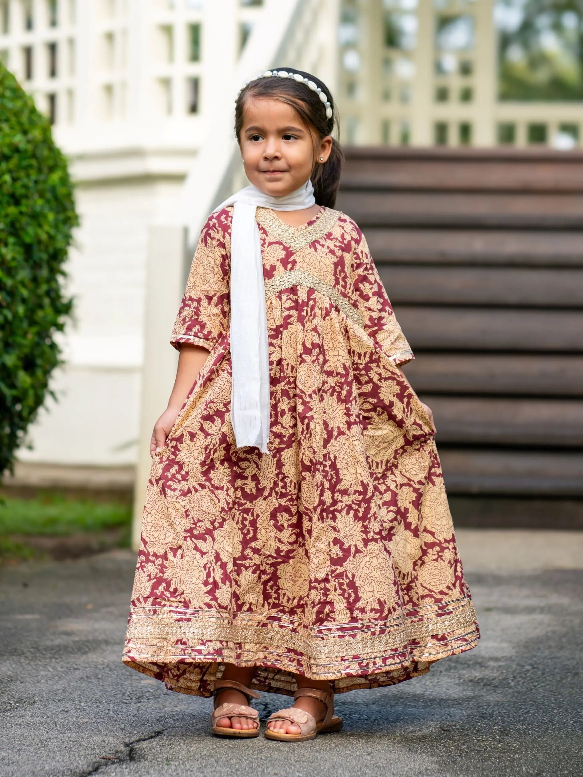Aishara Anarkali Gown Dress in Maroon & Beige Block Print Nimbu Kids