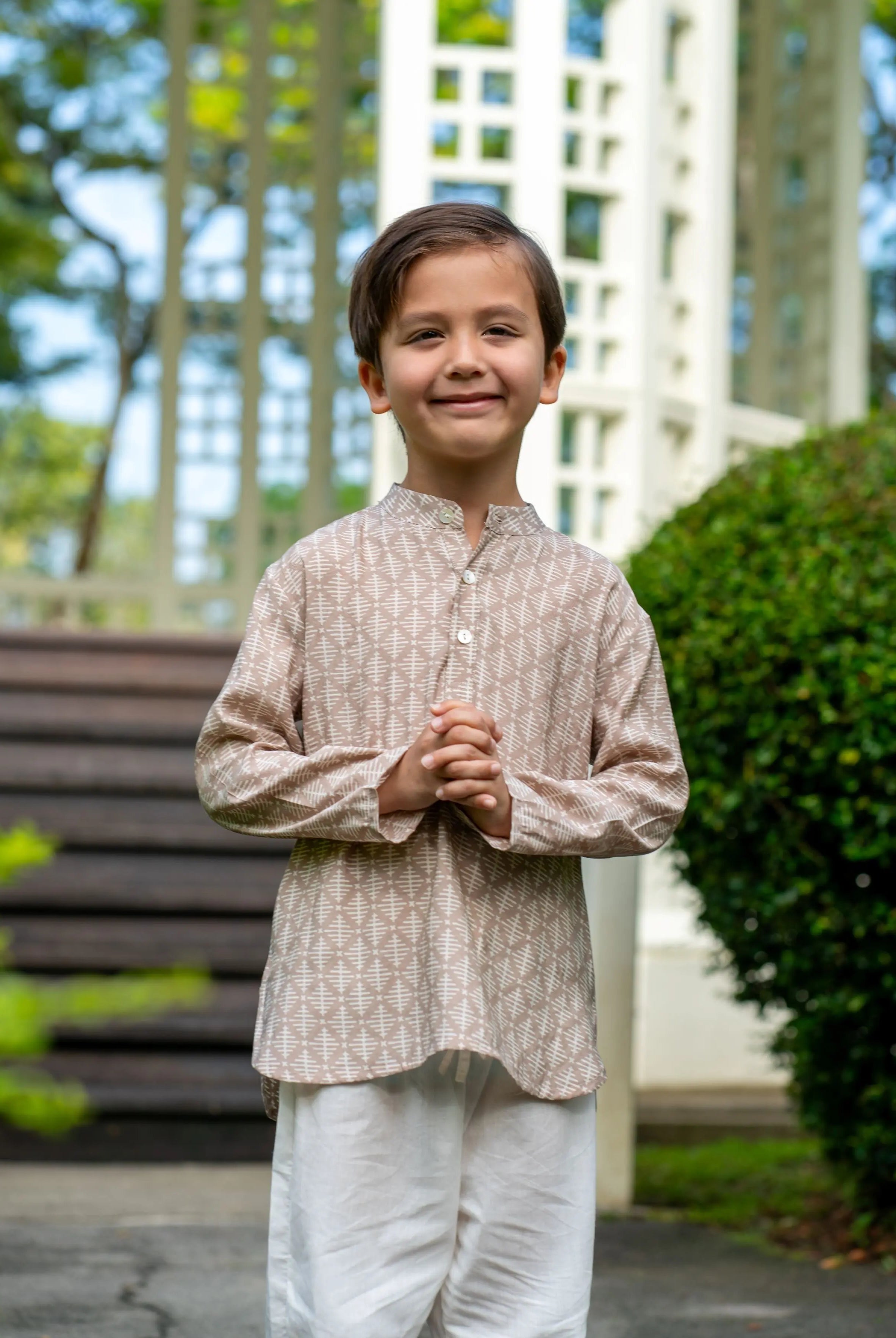 Samar Boys' Short Kurta in Beige & White Nimbu