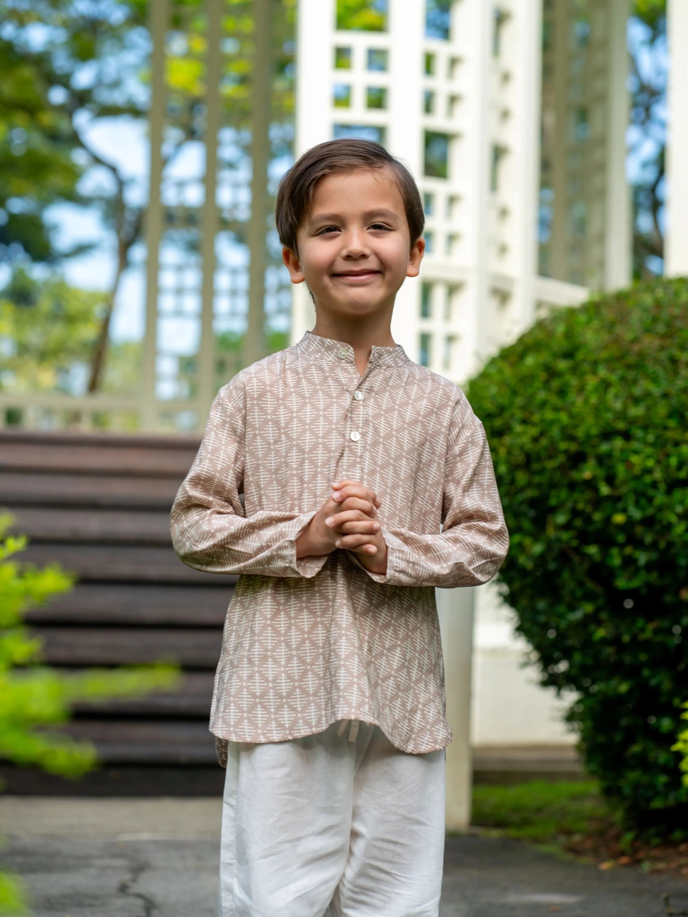 Samar Boys' Short Kurta in Beige & White Nimbu