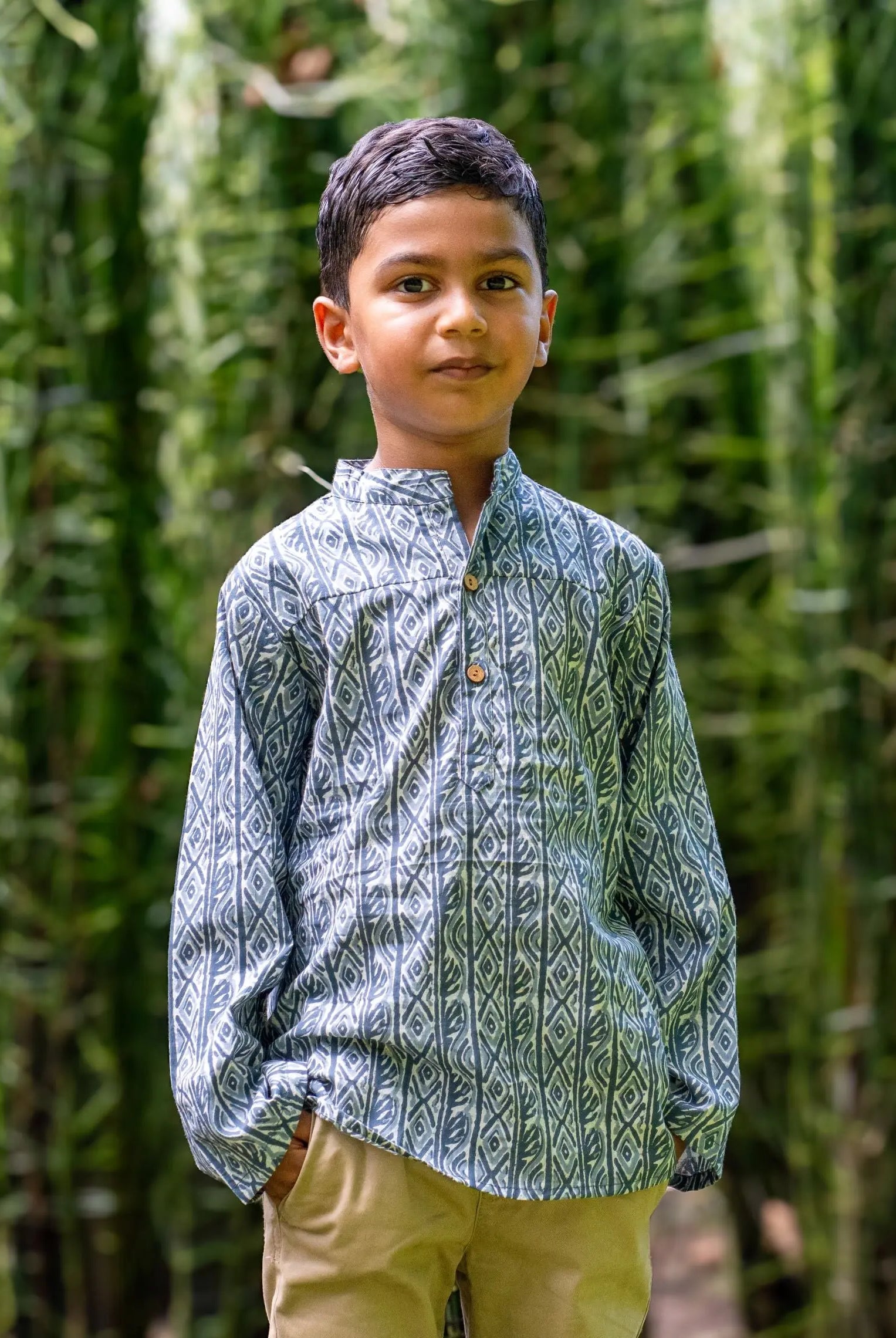 Rian Boys' Short Kurta in Blue & Grey Nimbu