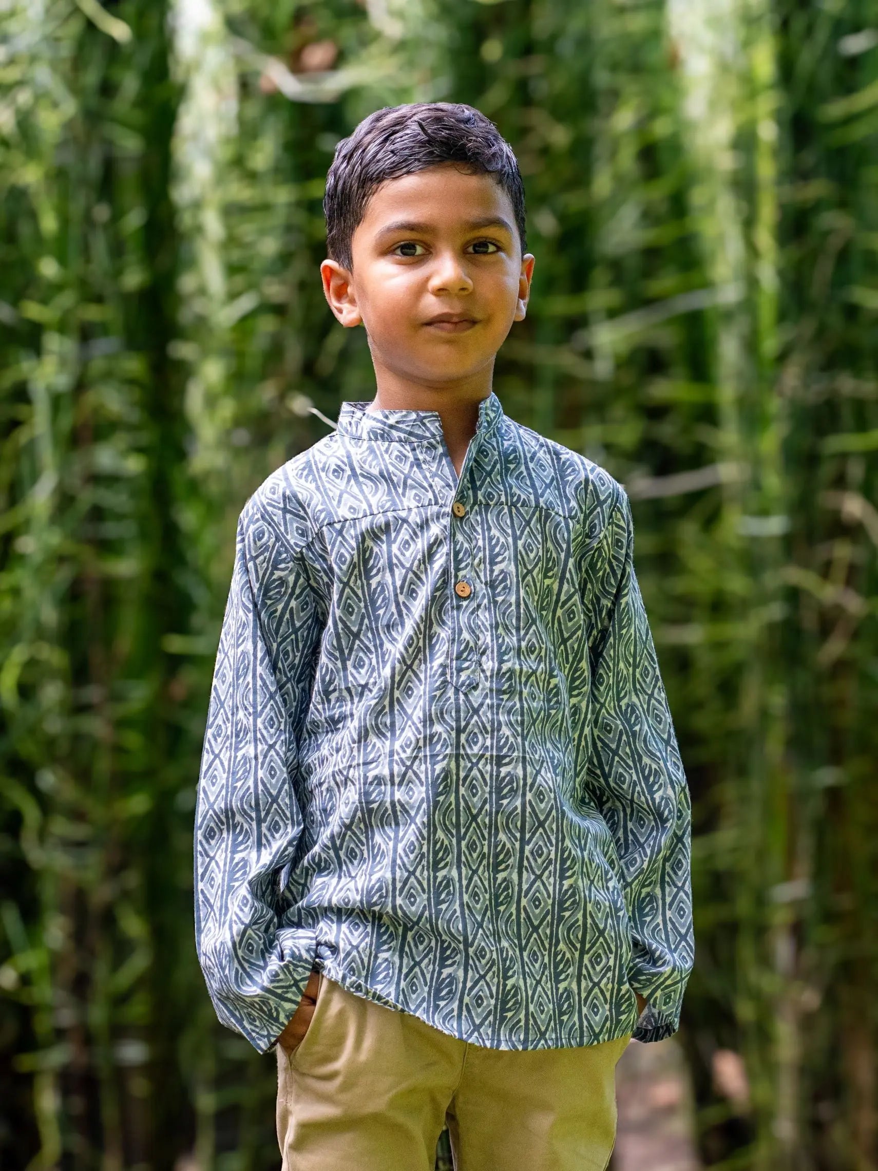 Rian Boys' Short Kurta in Blue & Grey Nimbu