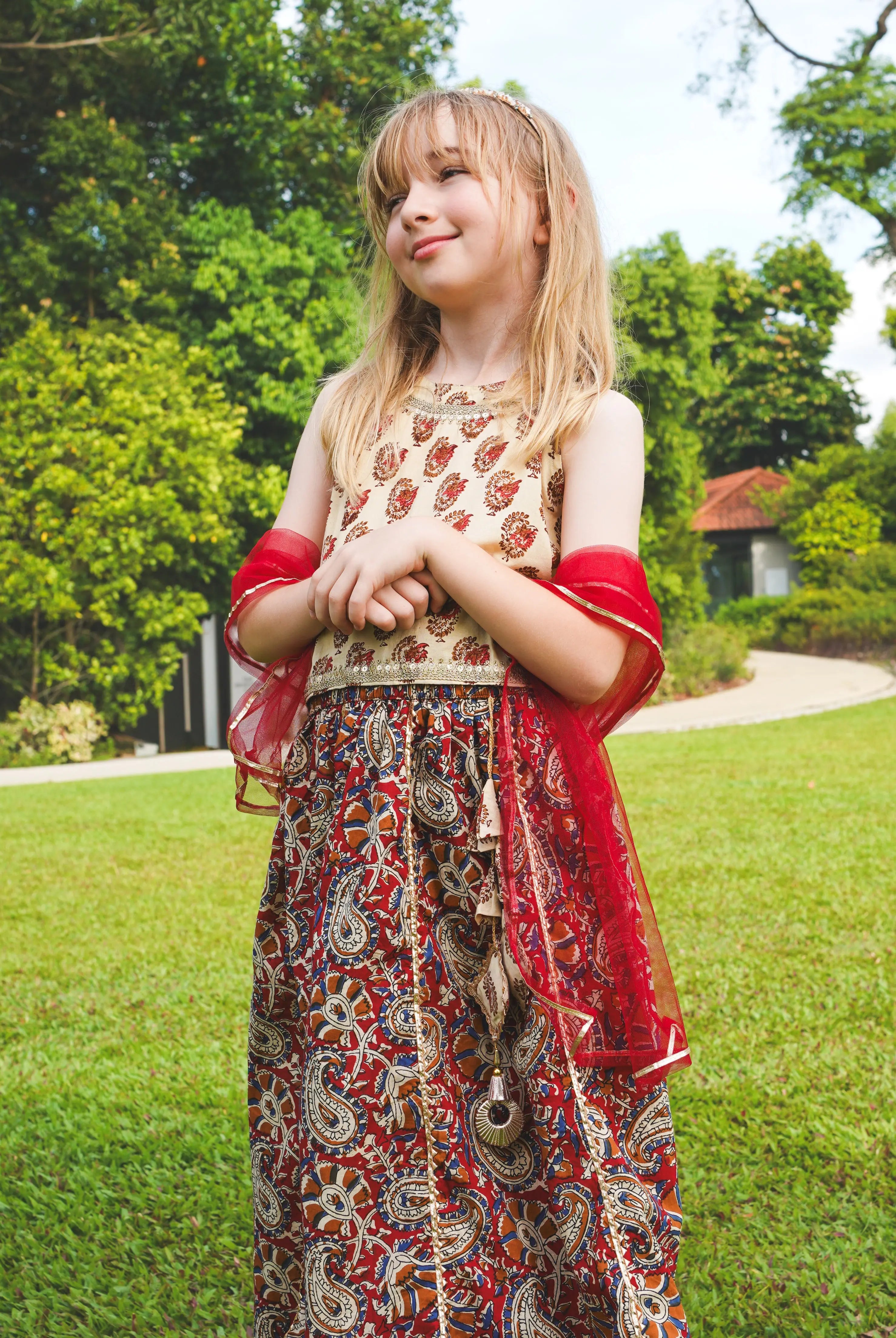 Nazara Girls Handblock Maroon & Beige Halter Lehenga Choli with Dupatta Nimbu