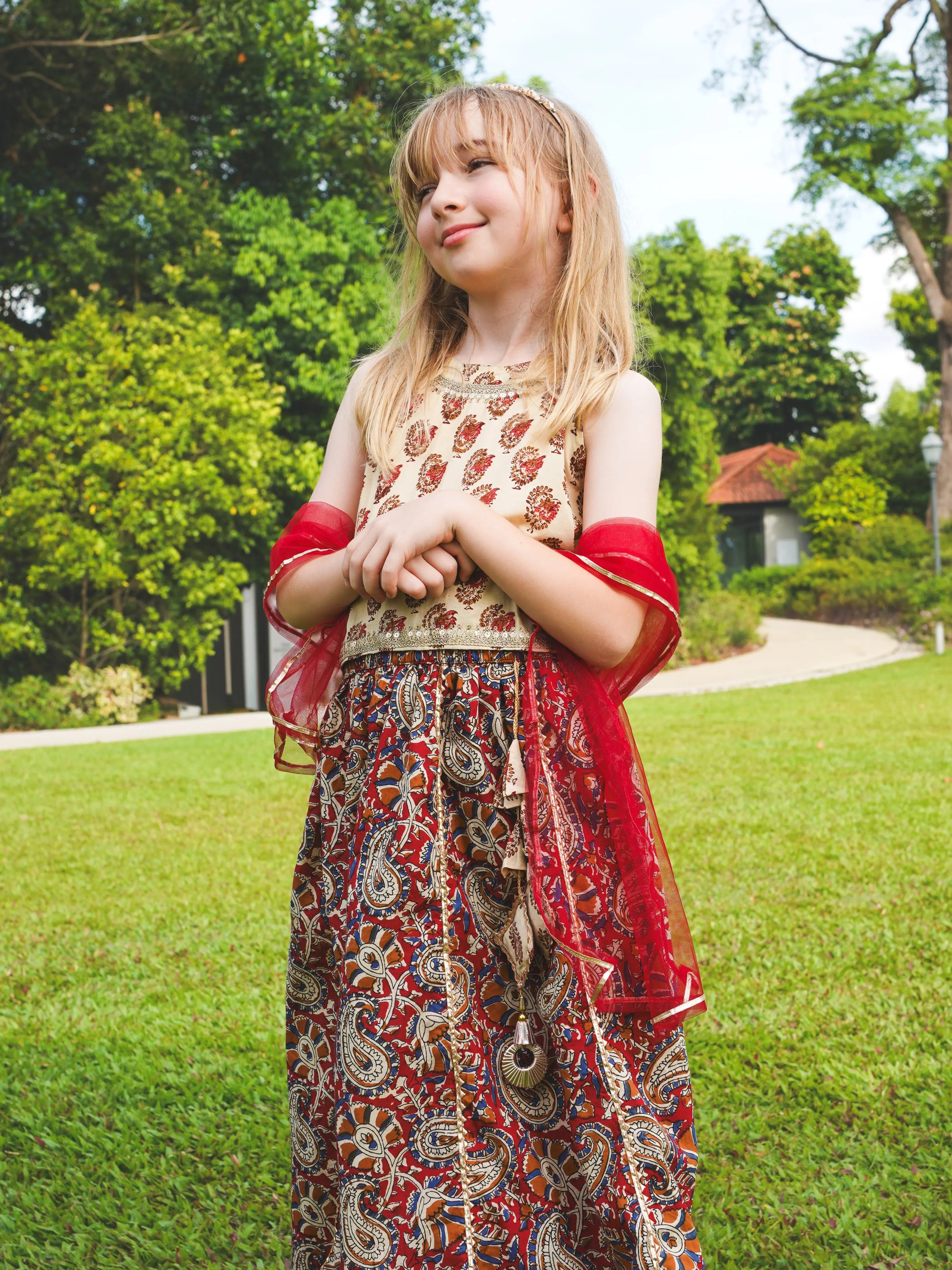 Nazara Girls Handblock Maroon & Beige Halter Lehenga Choli with Dupatta Nimbu