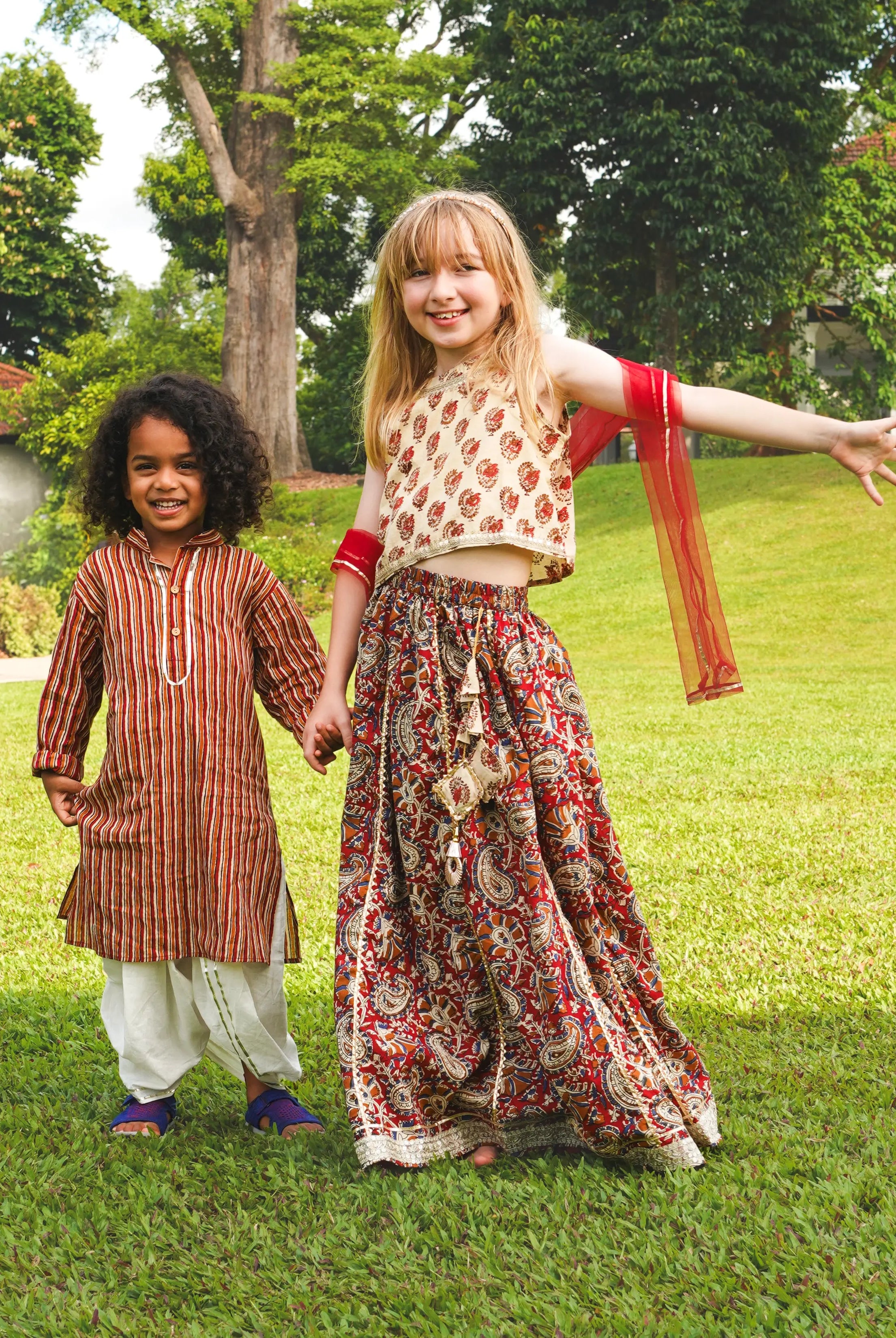 Nazara Girls Handblock Maroon & Beige Halter Lehenga Choli with Dupatta Nimbu