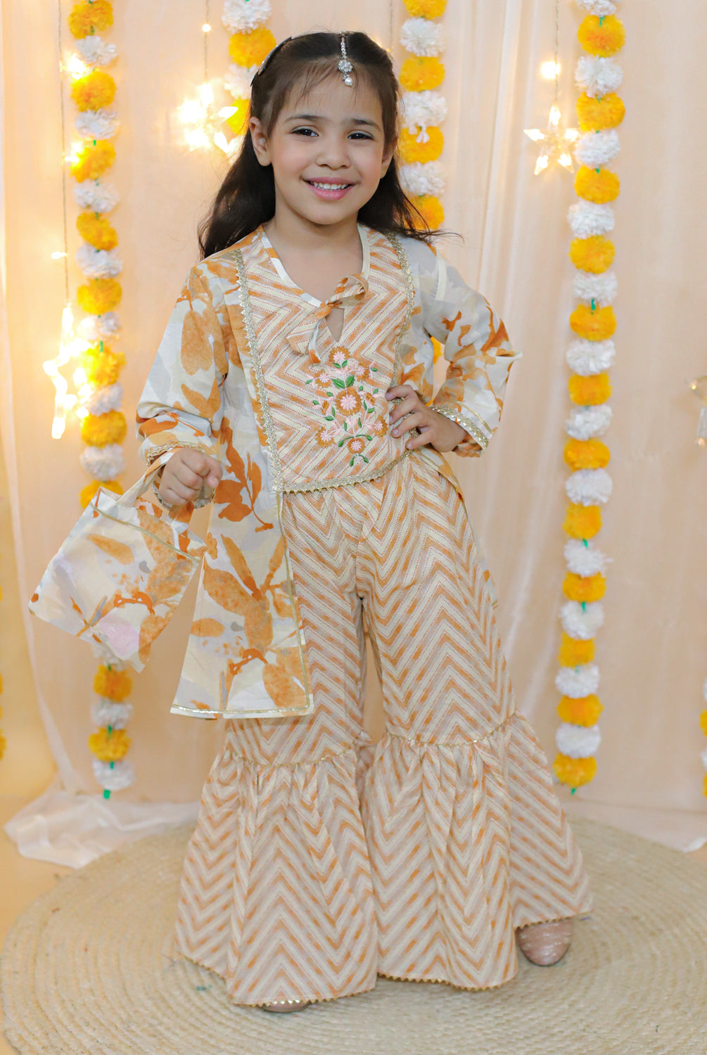 Splash Kurta Sharara set with Shrug in Orange