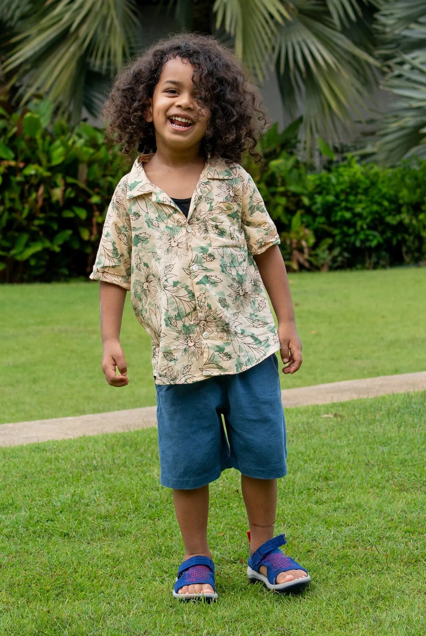 Bali Green Unisex Kids Cotton Shirt in Hawaiian Collar Nimbu