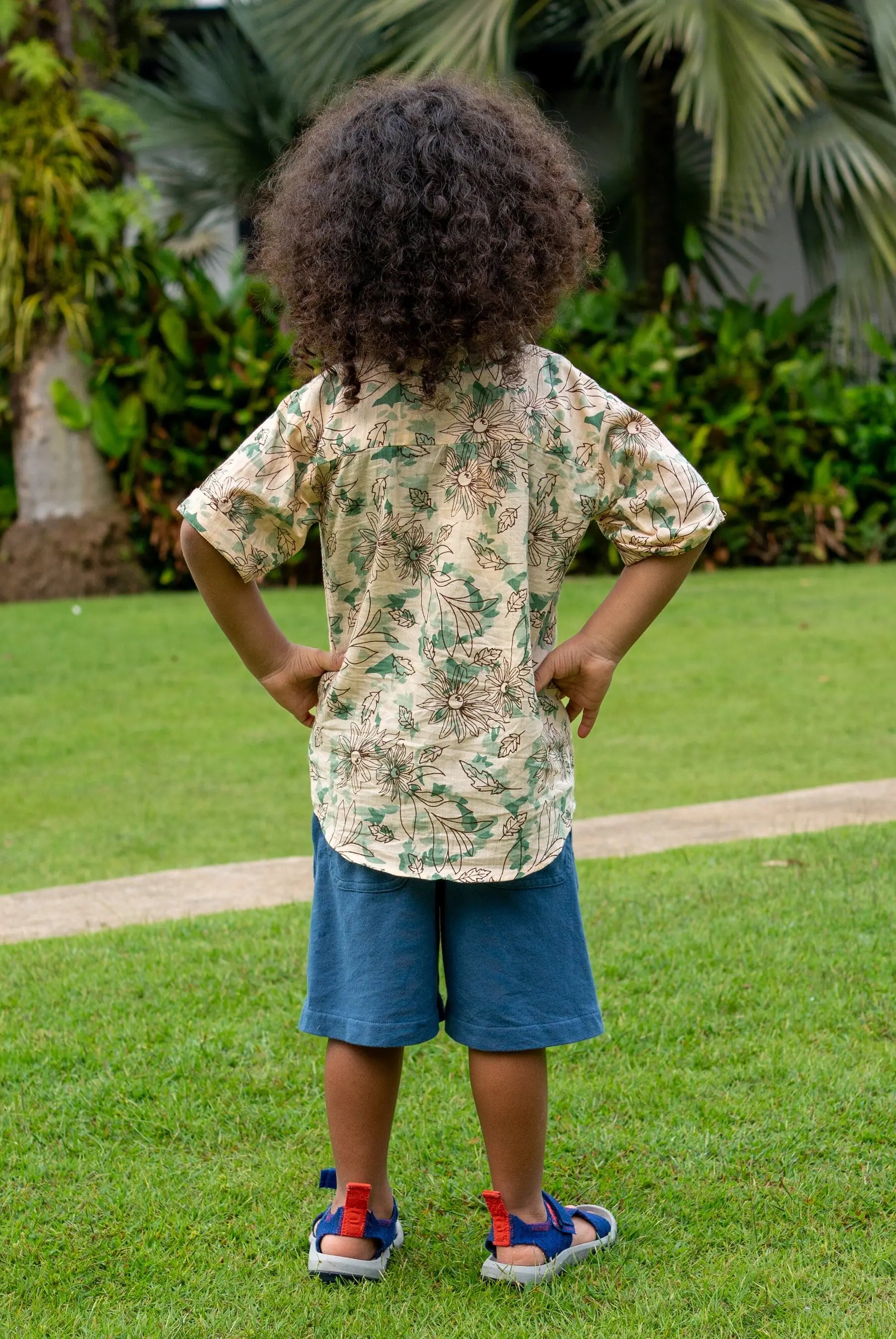 Bali Green Unisex Kids Cotton Shirt in Hawaiian Collar Nimbu