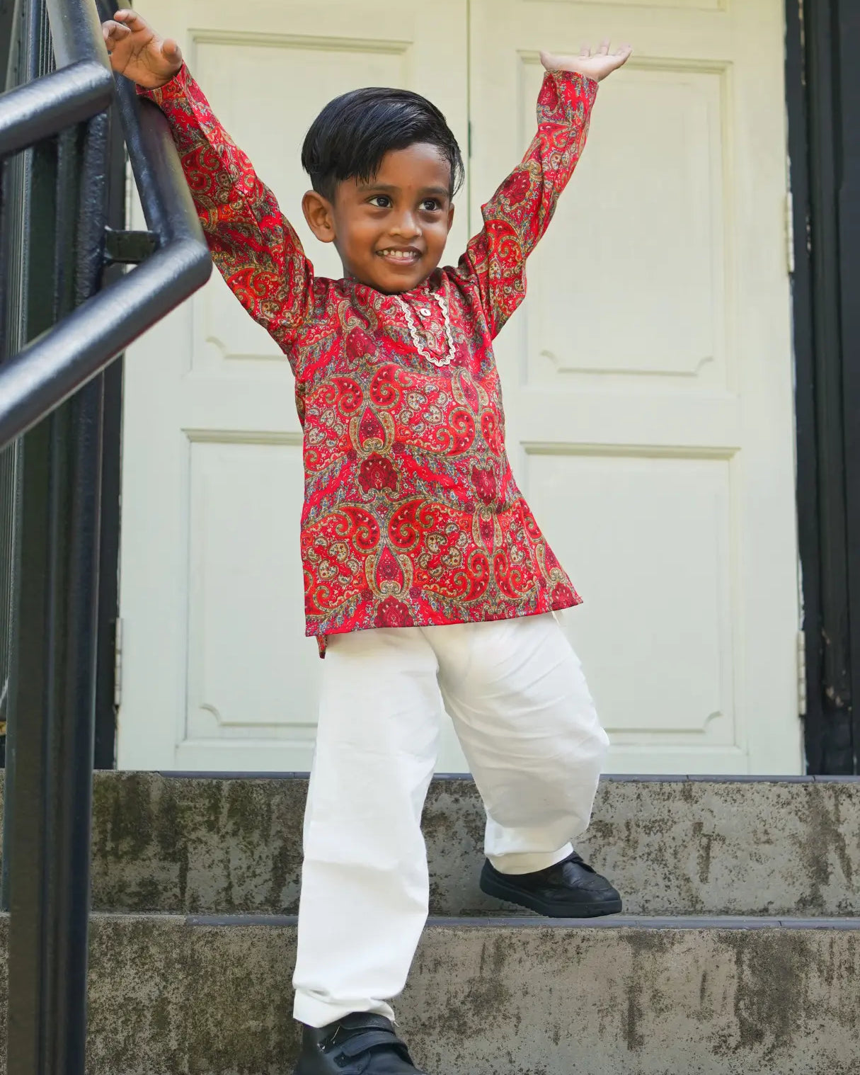 Amara Red Floral Boys Kurta Pajama in Muslin Cotton with Pockets Nimbu