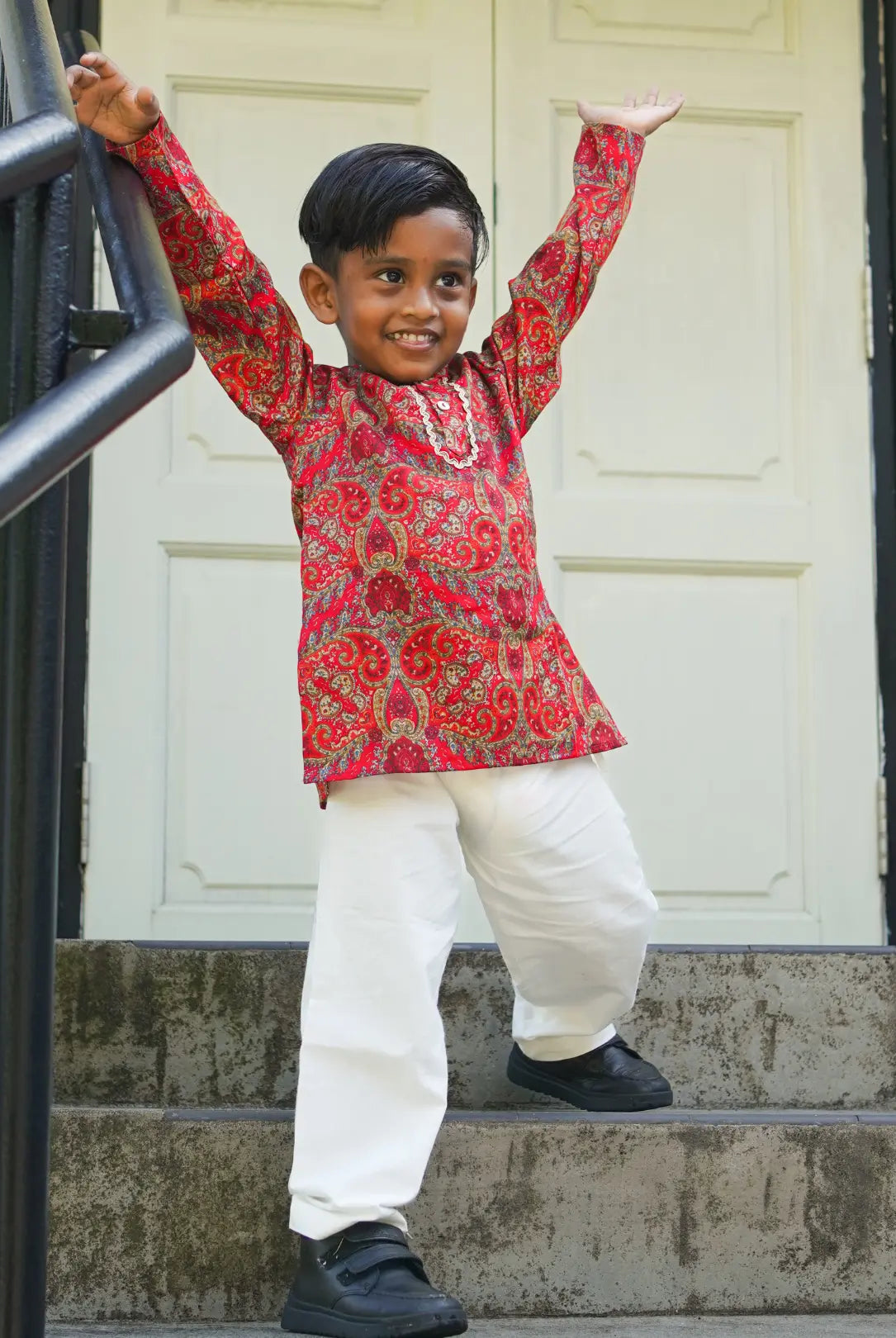 Amara Red Floral Boys Kurta Pajama in Muslin Cotton with Pockets Nimbu