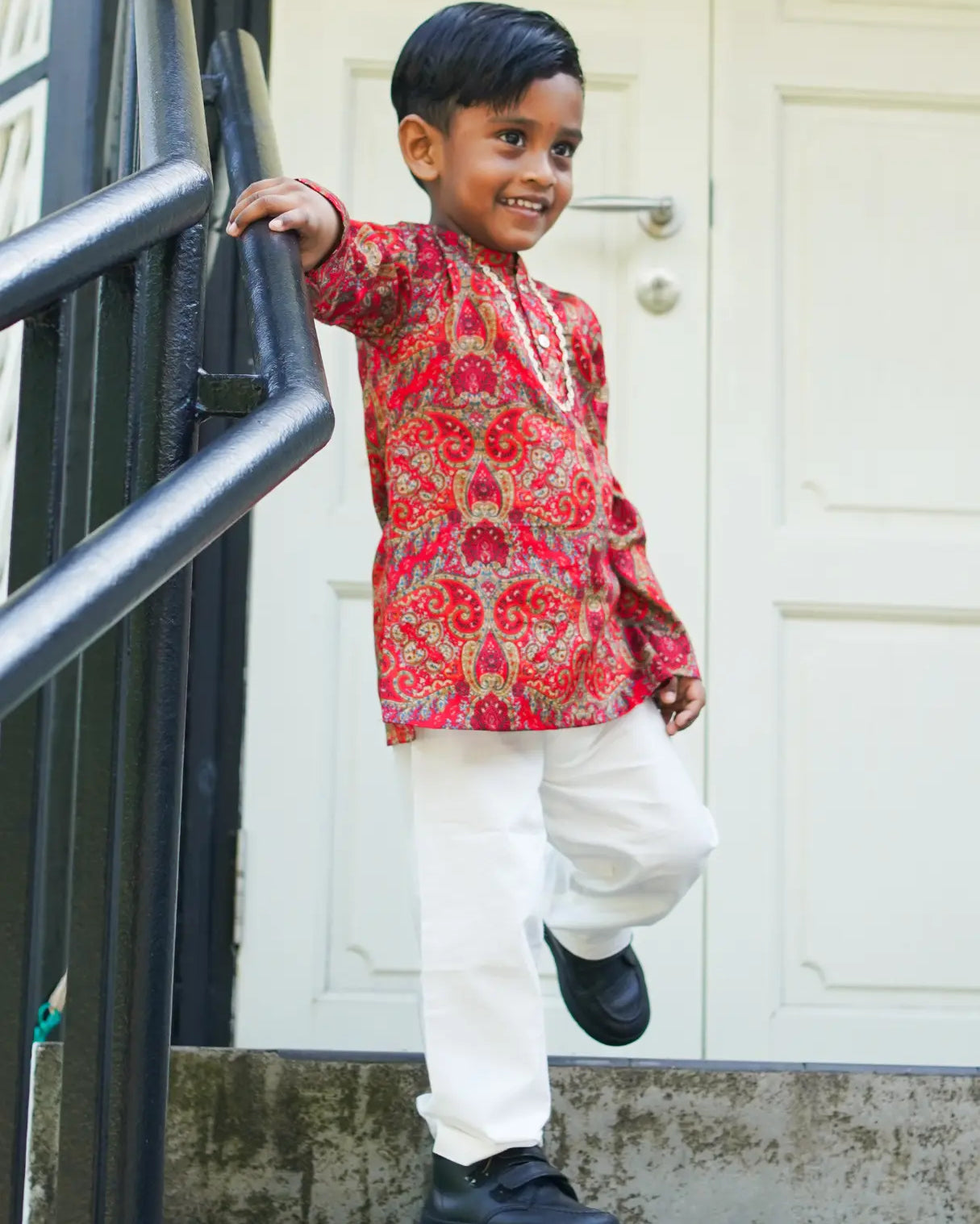 Amara Red Floral Boys Kurta Pajama in Muslin Cotton with Pockets Nimbu
