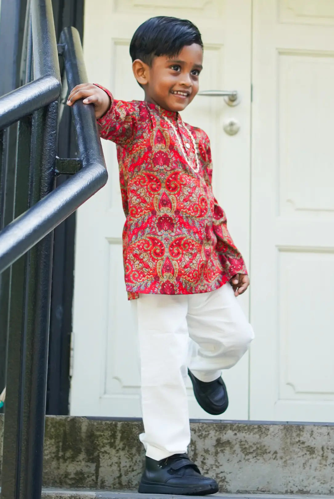 Amara Red Floral Boys Kurta Pajama in Muslin Cotton with Pockets Nimbu