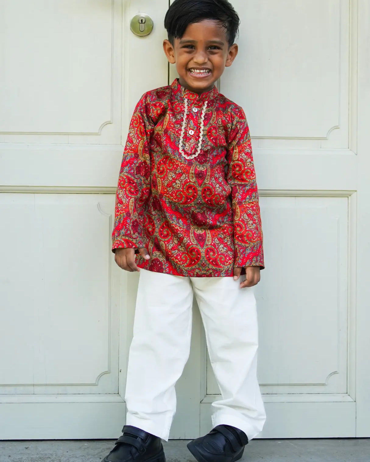 Amara Red Floral Boys Kurta Pajama in Muslin Cotton with Pockets Nimbu