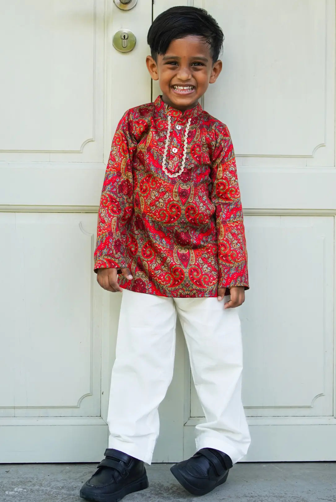 Amara Red Floral Boys Kurta Pajama in Muslin Cotton with Pockets Nimbu