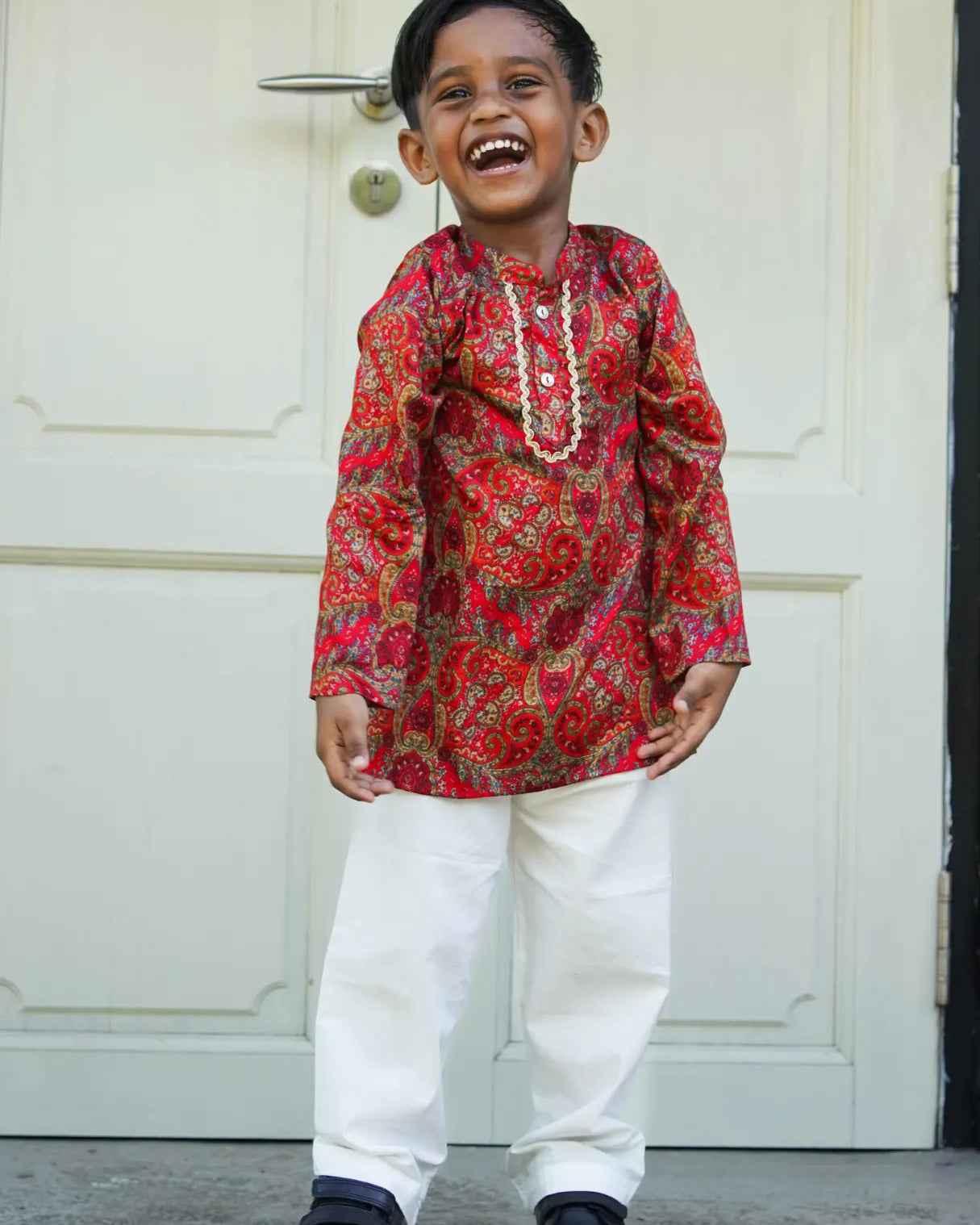 Amara Red Floral Boys Kurta Pajama in Muslin Cotton with Pockets Nimbu