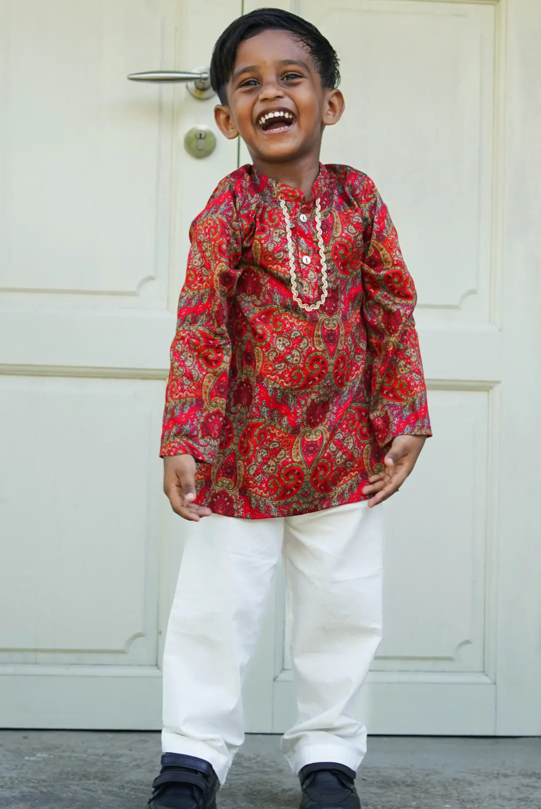 Amara Red Floral Boys Kurta Pajama in Muslin Cotton with Pockets Nimbu