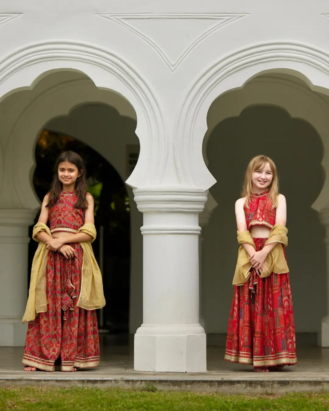 Amara Red Girls Halter Lehenga Choli with Chanderi Dupatta in Muslin Cotton Nimbu