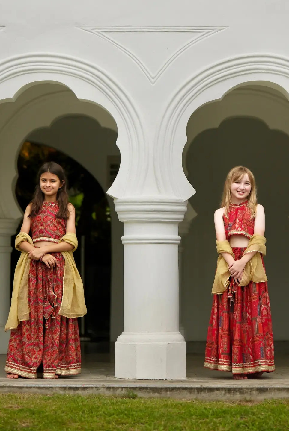 Amara Red Girls Halter Lehenga Choli with Chanderi Dupatta in Muslin Cotton Nimbu