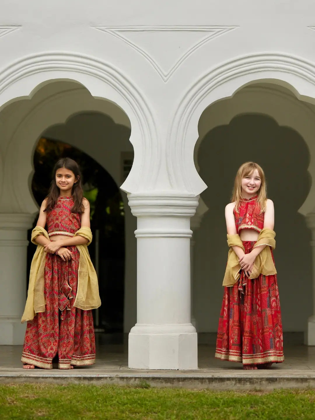 Amara Red Girls Halter Lehenga Choli with Chanderi Dupatta in Muslin Cotton Nimbu