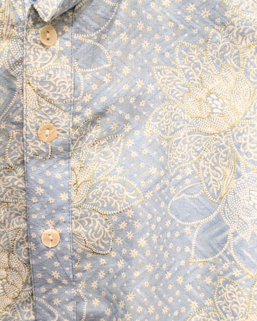Blue cotton men’s kurta with ornate gold floral embroidery and a button front, handcrafted Indian ethnic wear. - Nimbu