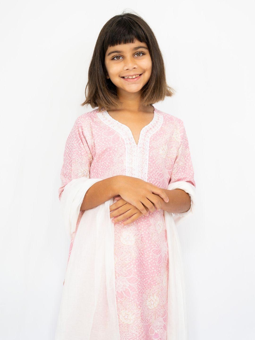 Girls’ pink embroidered cotton kurti with three-quarter sleeves, paired with a sheer white dupatta. - Nimbu