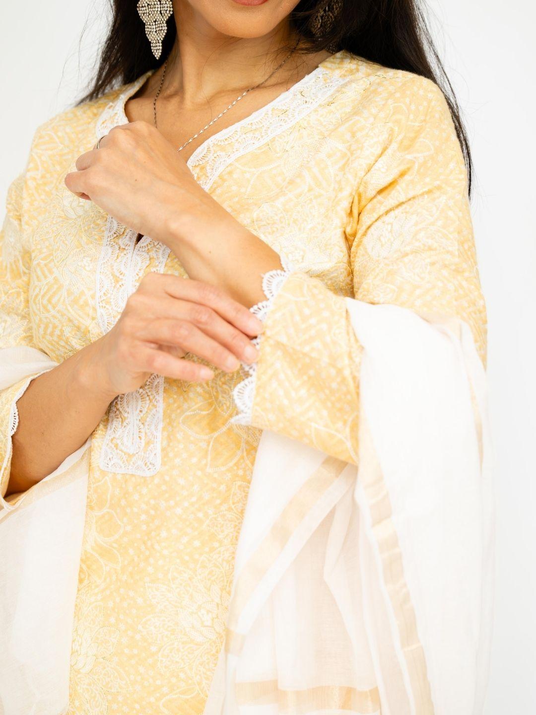 Yellow embroidered kurti with three-quarter sleeves and a white dupatta with a subtle border. - Nimbu