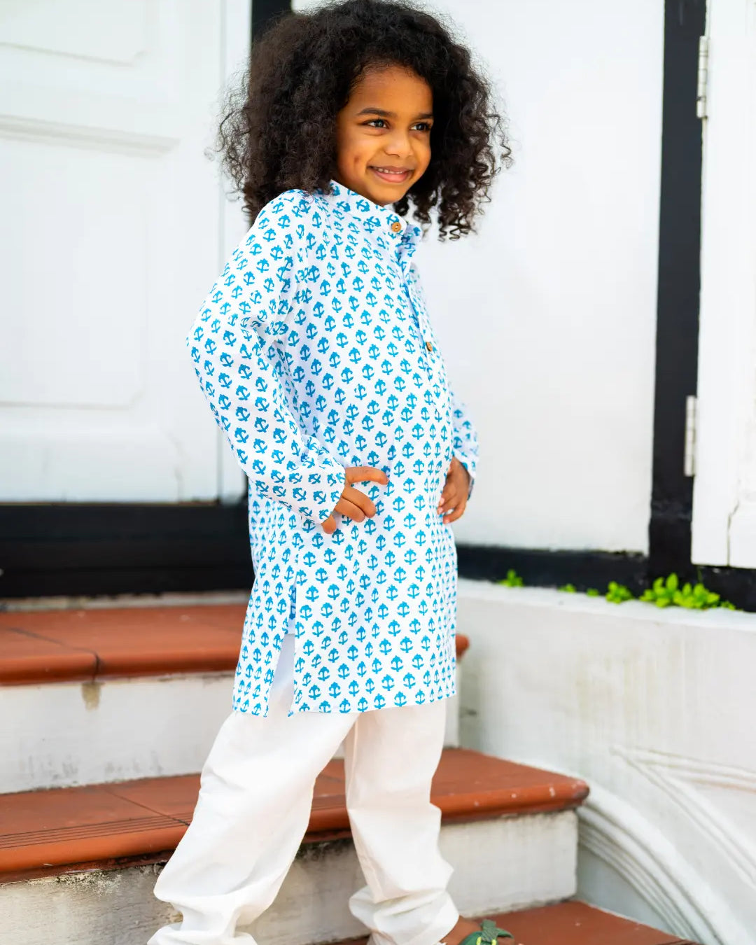 Anchor Blue Handblock Cotton Kurta Pajama Nimbu