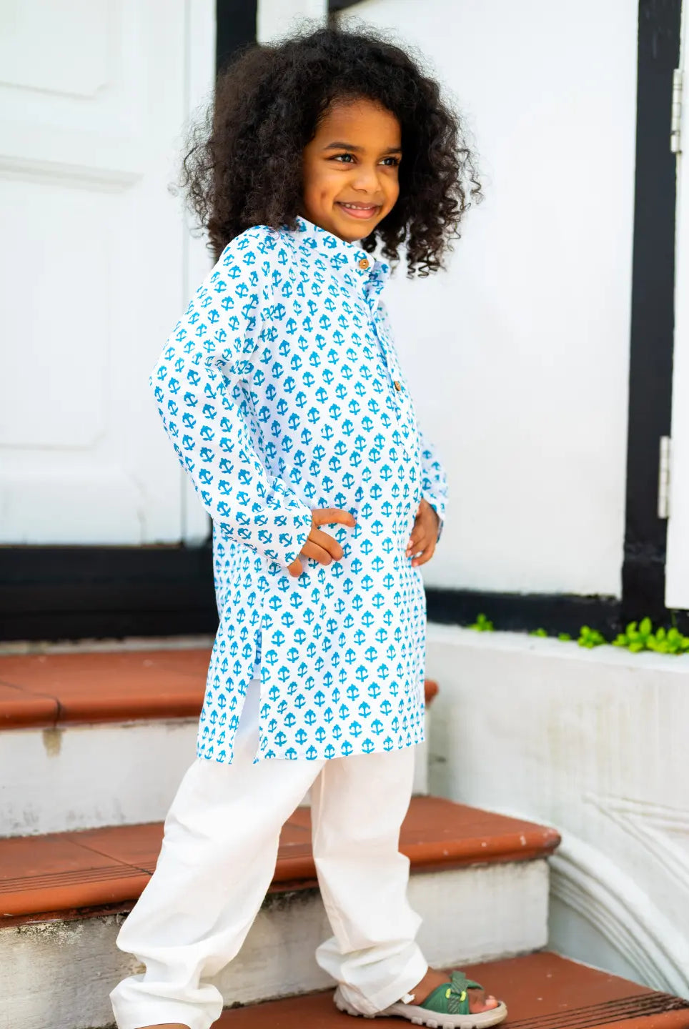 Anchor Blue Handblock Cotton Kurta Pajama Nimbu