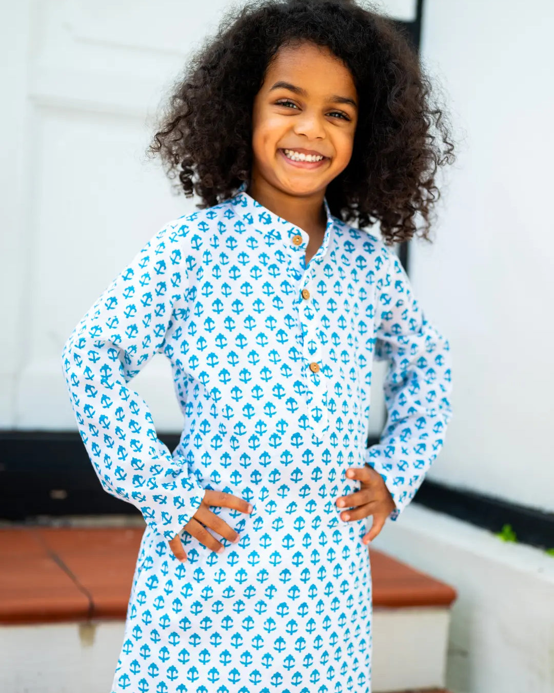 Anchor Blue Handblock Cotton Kurta Pajama Nimbu