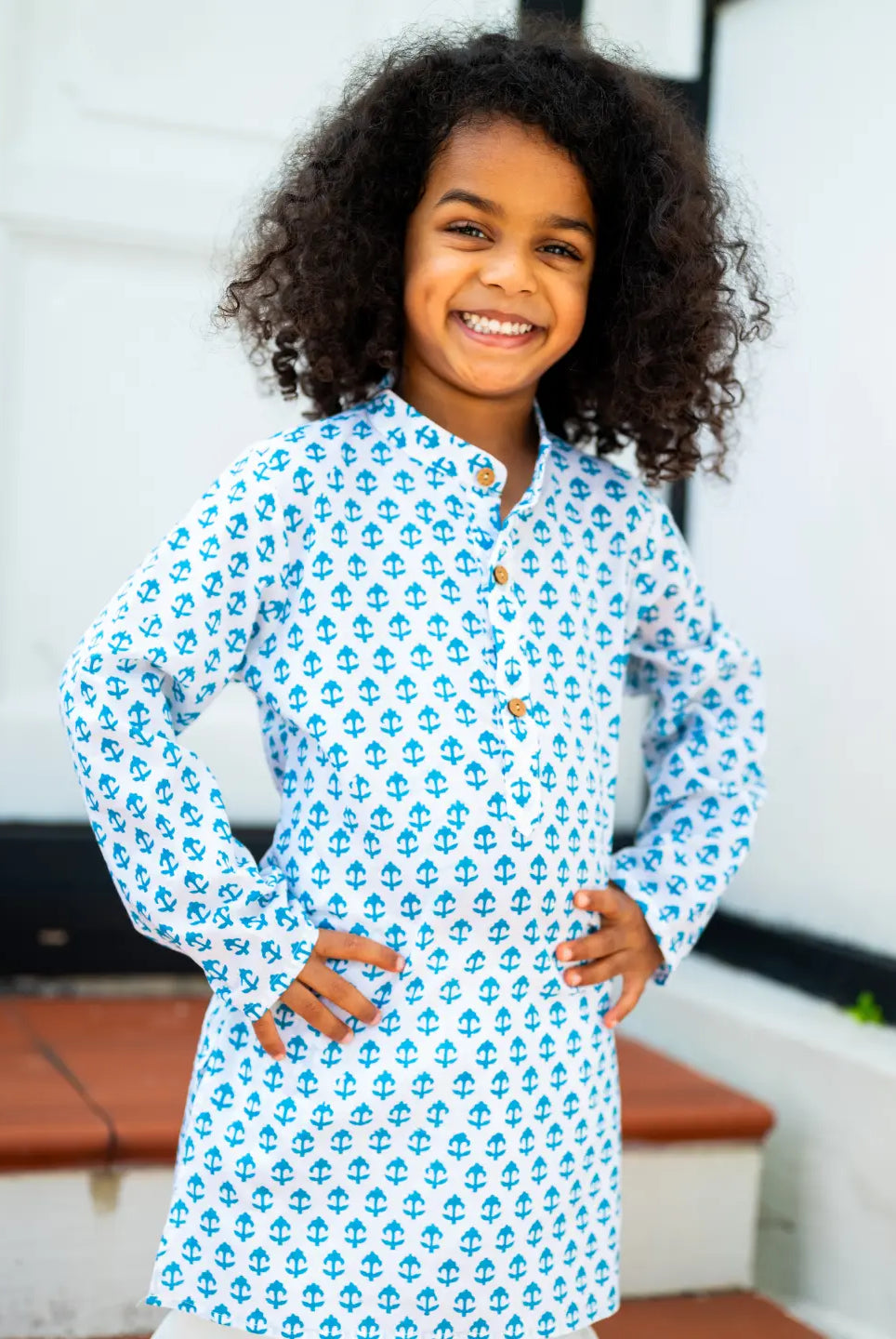 Anchor Blue Handblock Cotton Kurta Pajama Nimbu